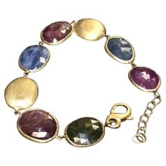 Estate 18K Yellow Gold Large Rose Cut Sapphire  Ruby Pebble Textured Bracelet 7”