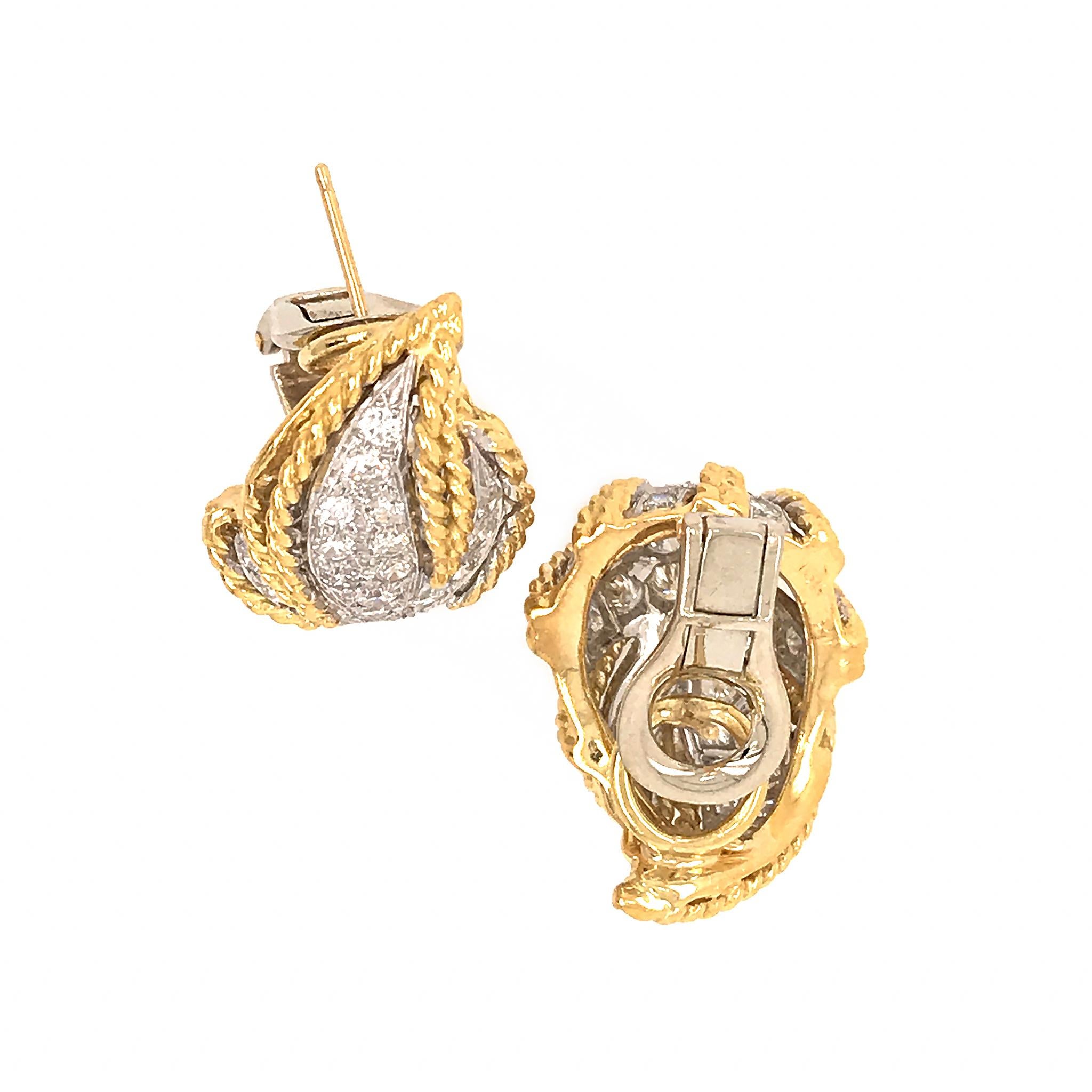 Round Cut Estate 18 Karat Yellow Gold Leaf Diamond Earrings For Sale