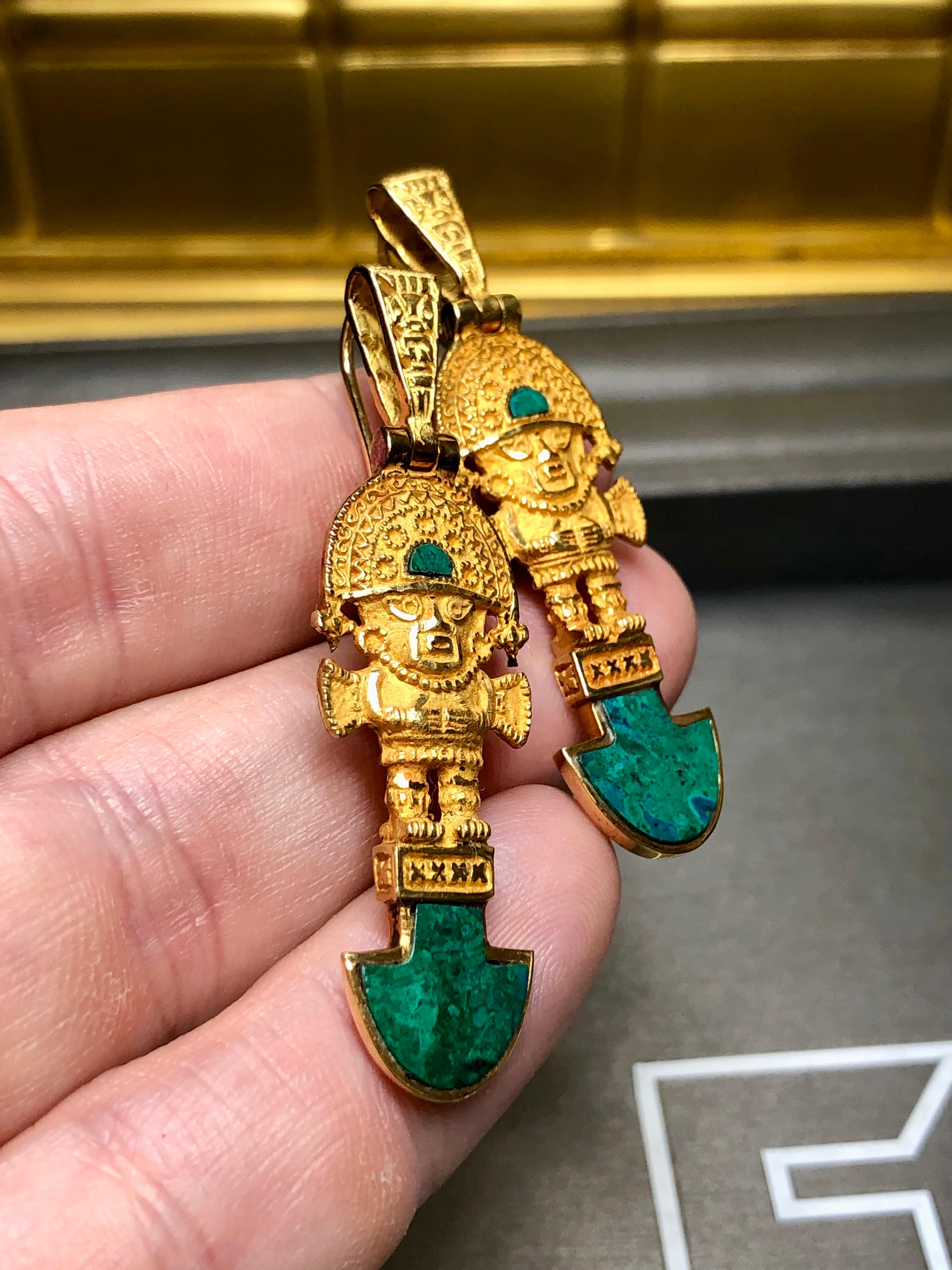 Women's or Men's Estate 18K Yellow Gold Malachite Peruvian Tumi Deity Hook Back Drop Earrings For Sale