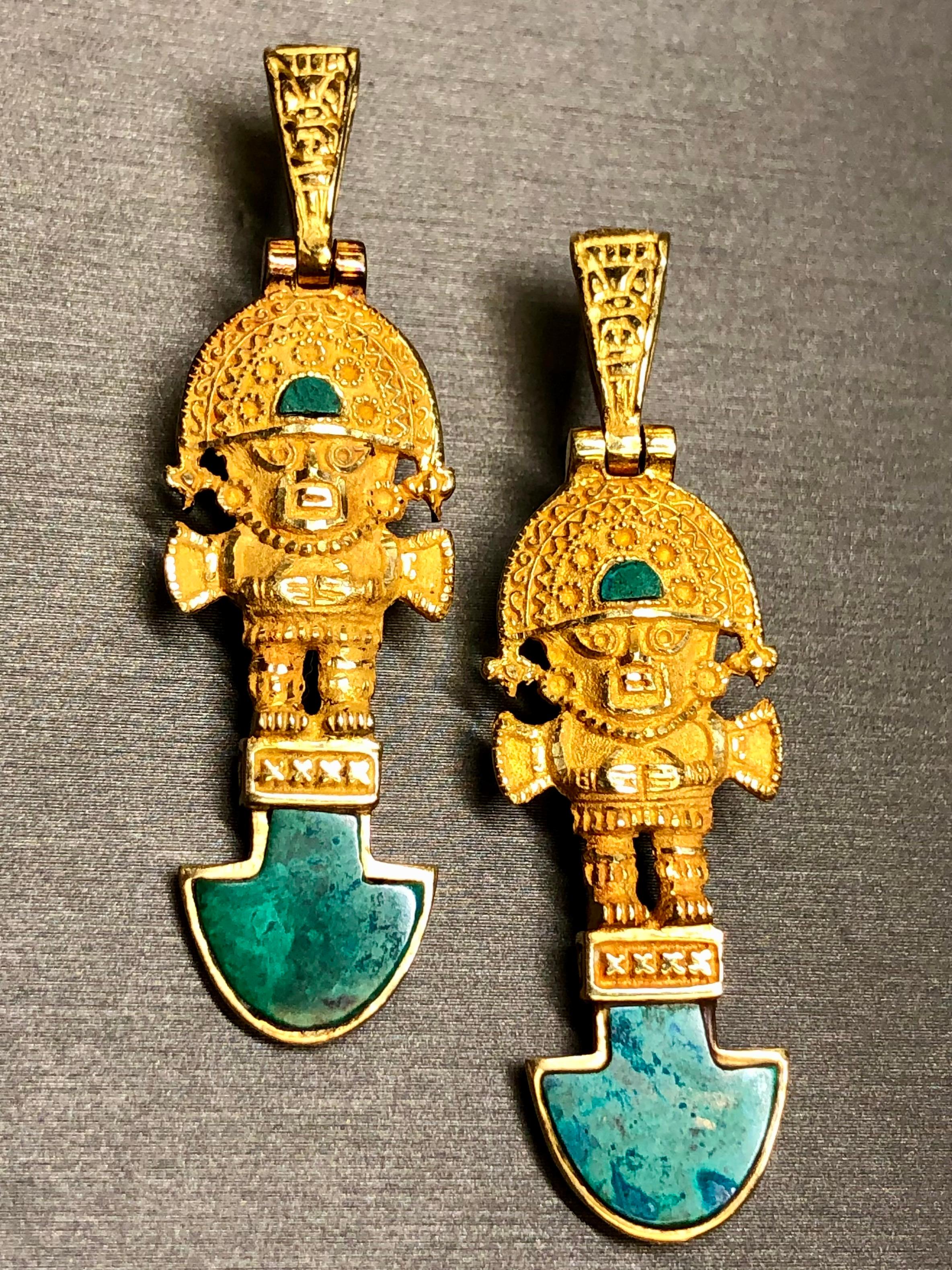 Estate 18K Yellow Gold Malachite Peruvian Tumi Deity Hook Back Drop Earrings For Sale 1