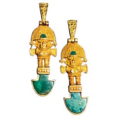 Orecchini pendenti in oro giallo 18 carati con malachite, divinità peruviana Tumi, con gancio posteriore
