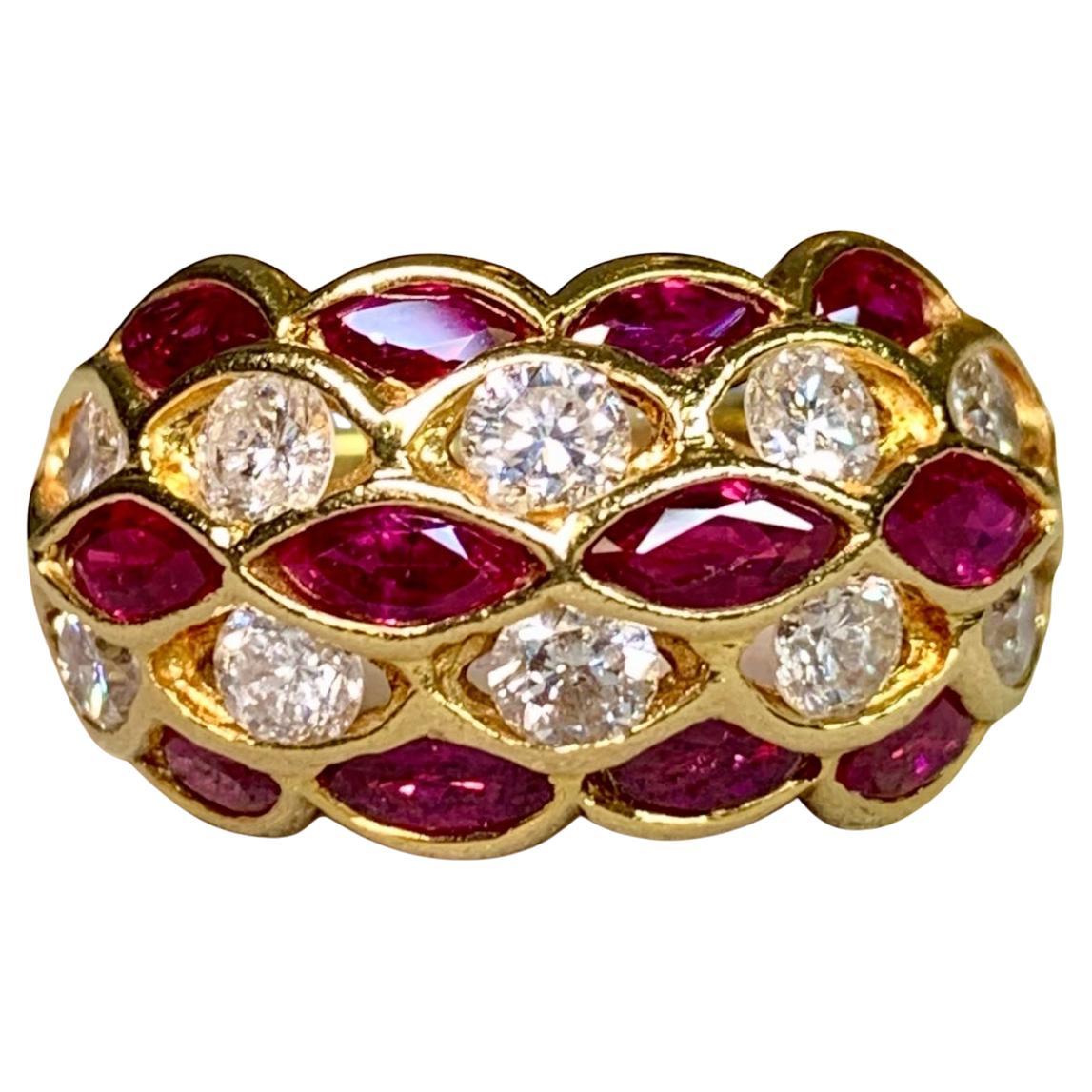 Estate 18K Yellow Gold Marquise Ruby 
Diamond Basketweave Cocktail Band Ring
