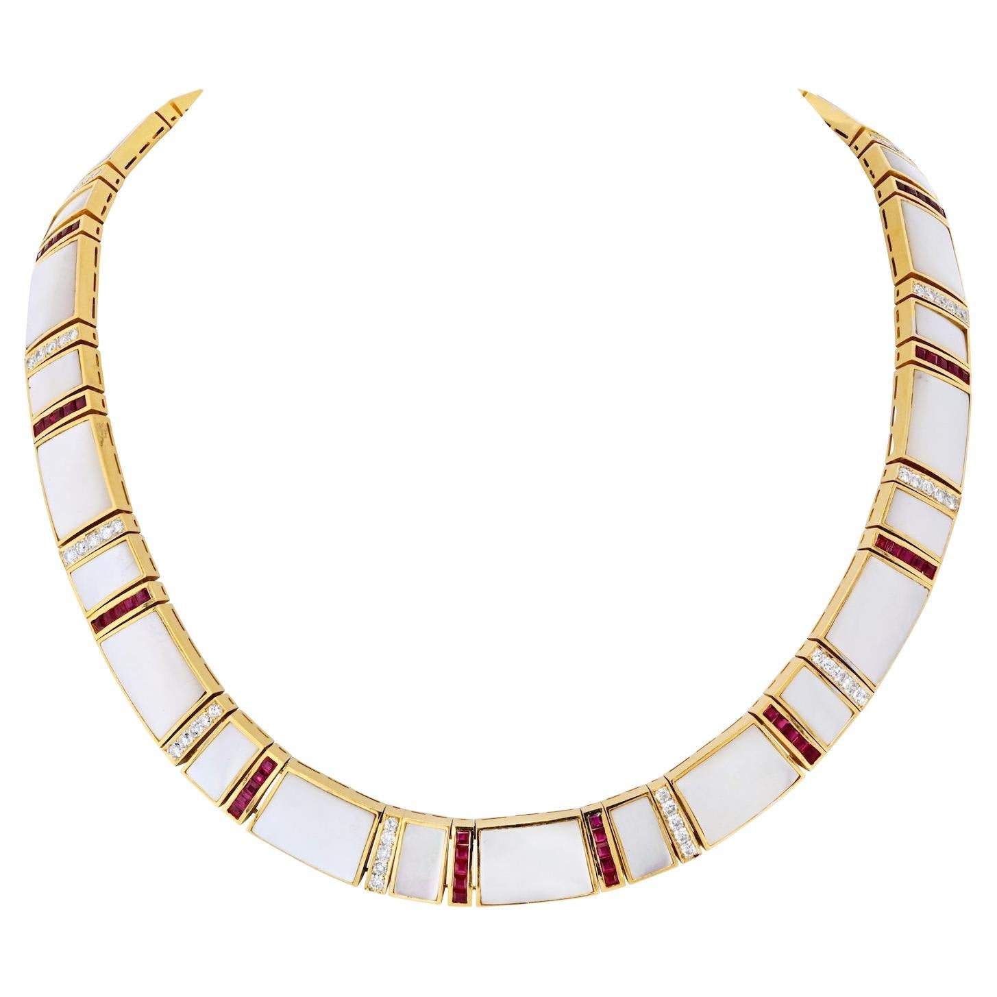 Estate 18K Yellow Gold Mother Of Pearl Diamond and Ruby Necklace