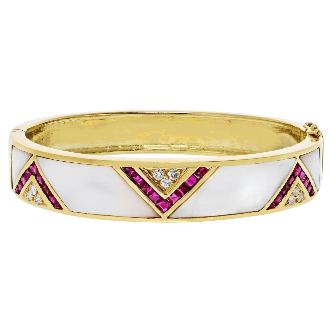 Estate 18K Yellow Gold Mother Of Pearl, Ruby And Diamond Bangle Bracelet