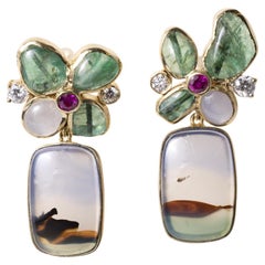 Estate 18K Yellow Gold Multi Gemstone Artisan Carved Agate Earrings