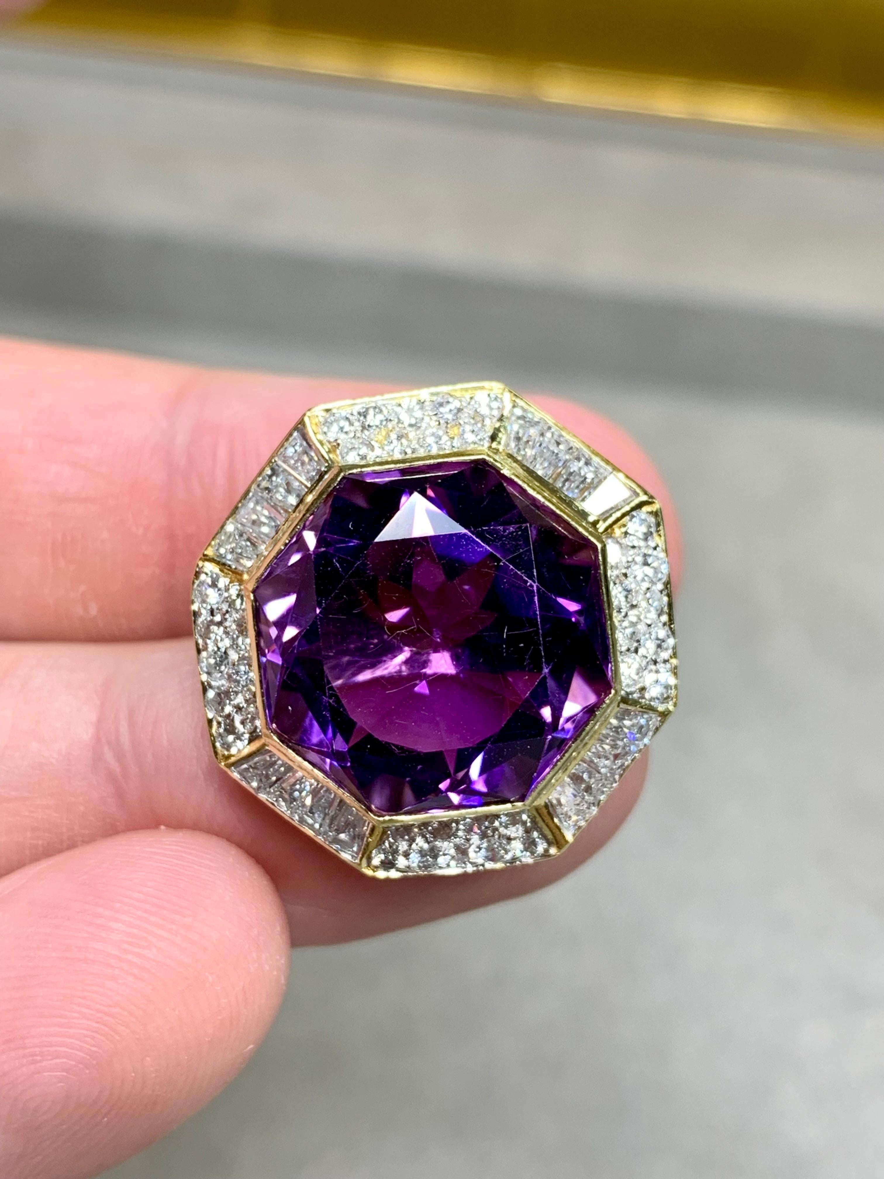 Pendentif de succession en or jaune 18 carats, améthyste octogonale et diamant 12,10 carats Bon état - En vente à Winter Springs, FL