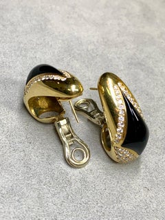 Estate 18K Yellow Gold & Onyx Pavé Diamond Large Teardrop Huggie Earrings