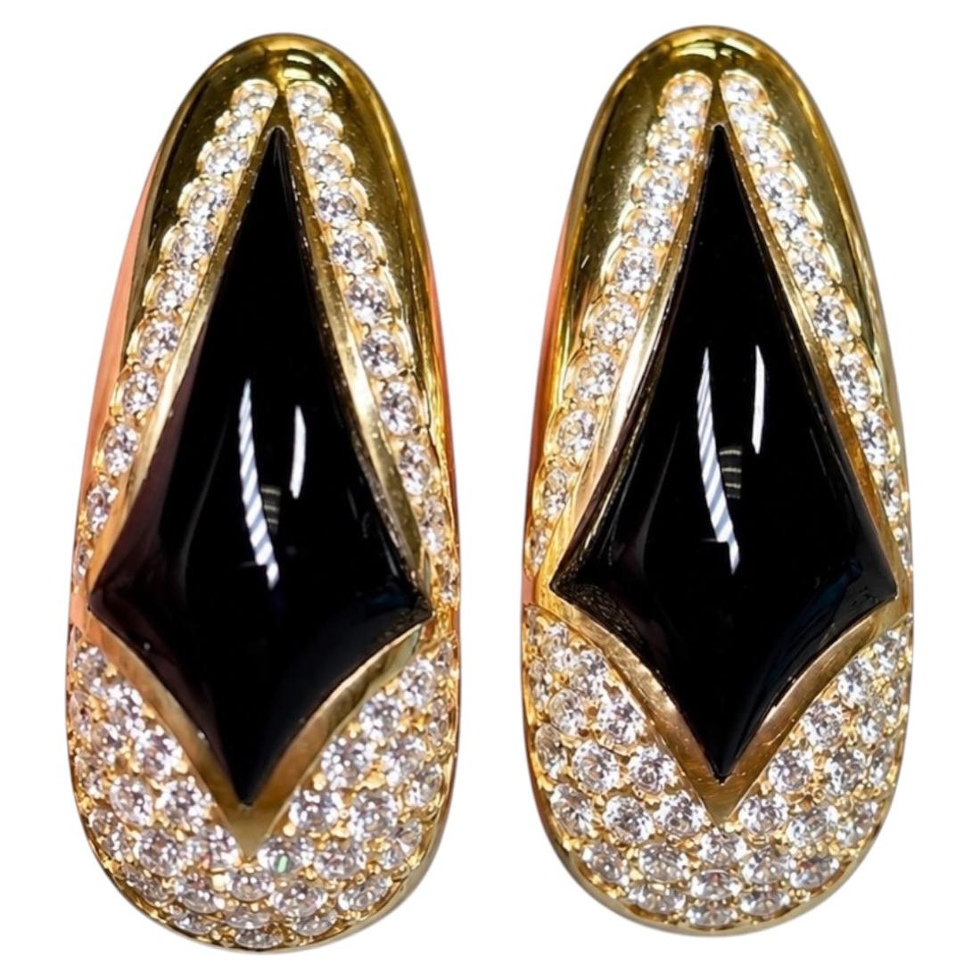 Estate 18-karätiges Gelbgold & Onyx – Pavé-Diamant-Ohrringe in Tropfenform, groß, Huggie-Stil