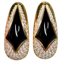 Estate 18K Yellow Gold & Onyx Pavé Diamond Large Teardrop Huggie Earrings