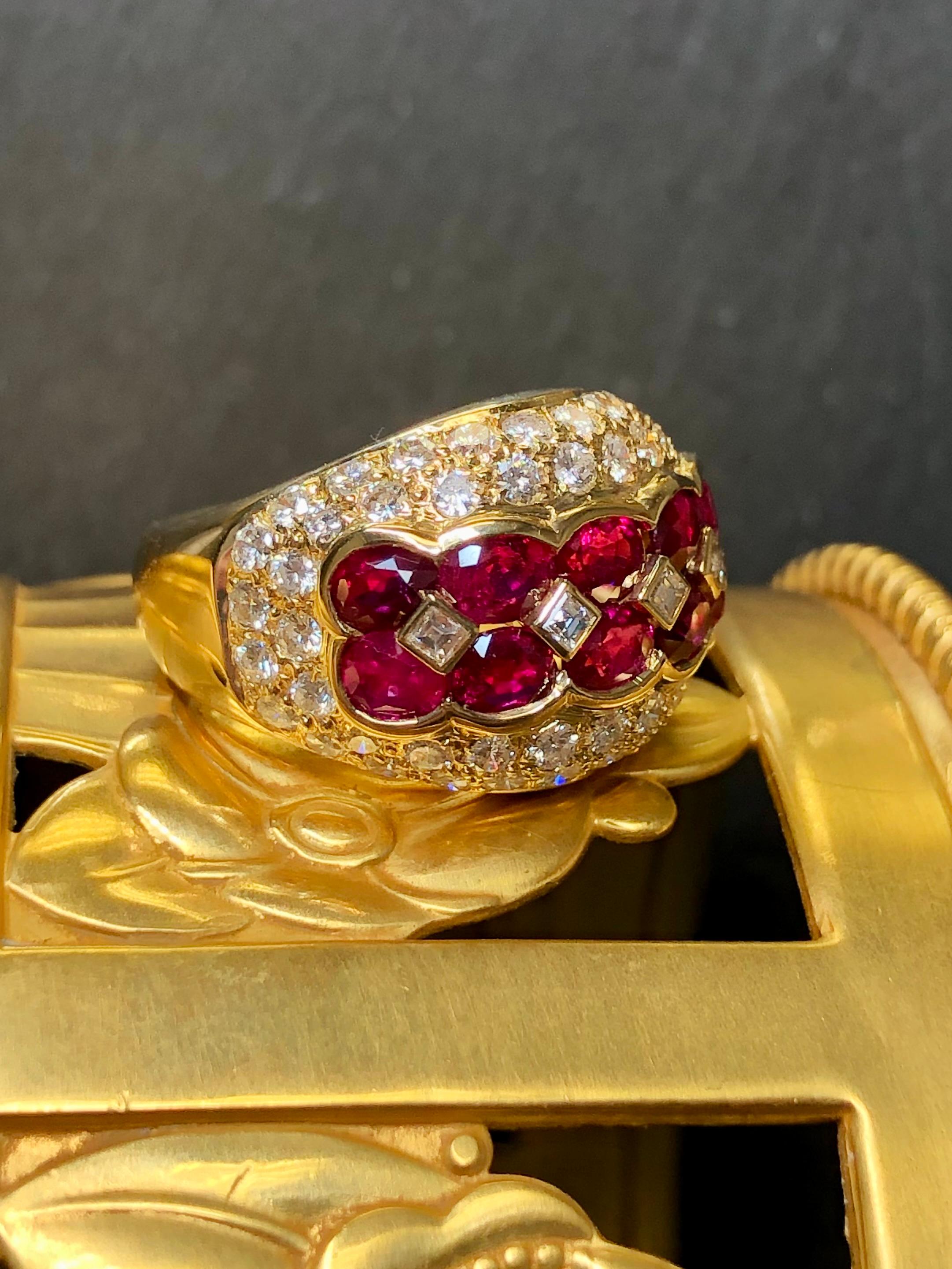 Contemporary Estate 18K Yellow Gold Oval Ruby Pave Diamond Cocktail Ring 4.57cttw Sz 5.5 For Sale