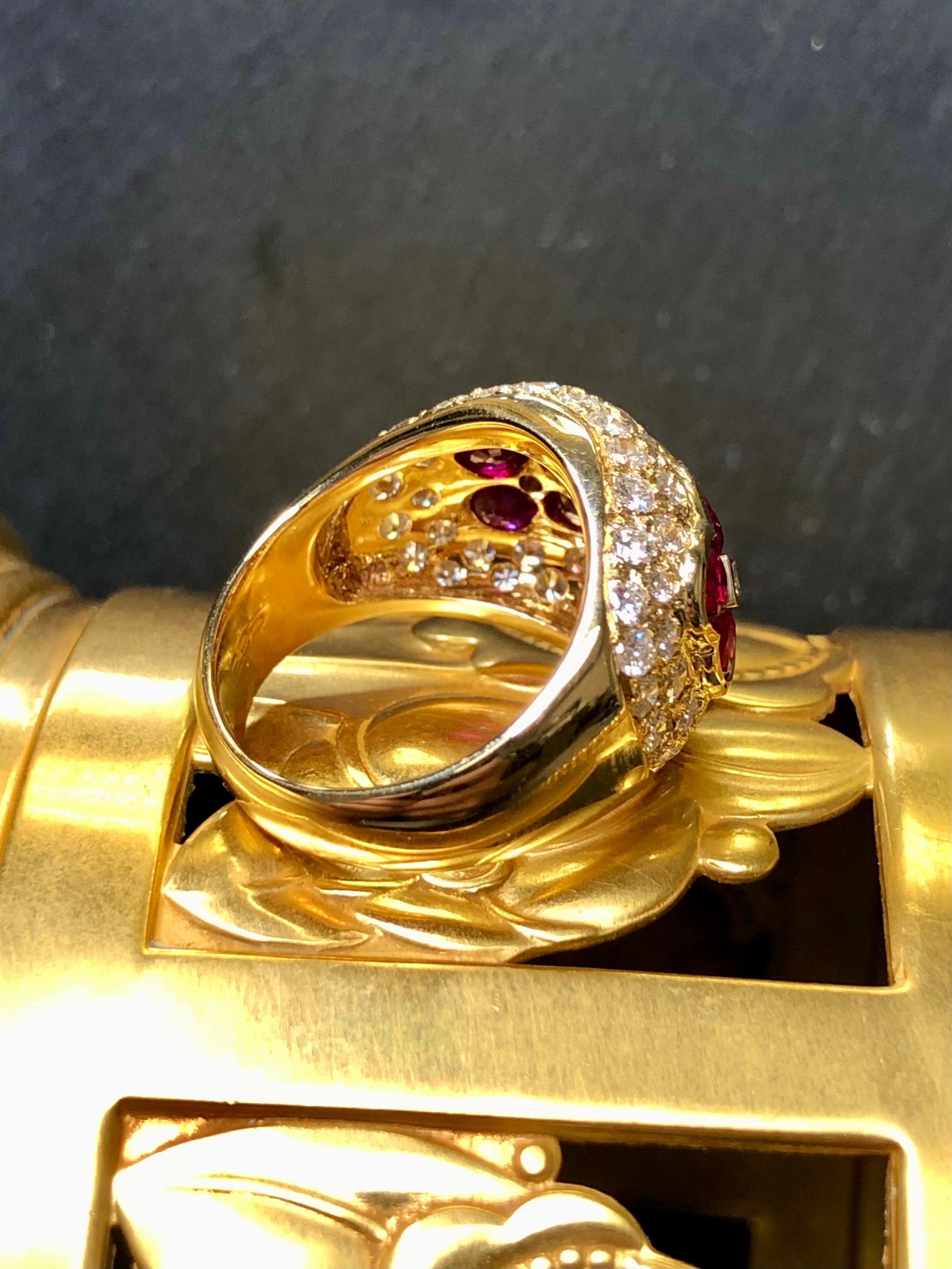 Oval Cut Estate 18K Yellow Gold Oval Ruby Pave Diamond Cocktail Ring 4.57cttw Sz 5.5 For Sale