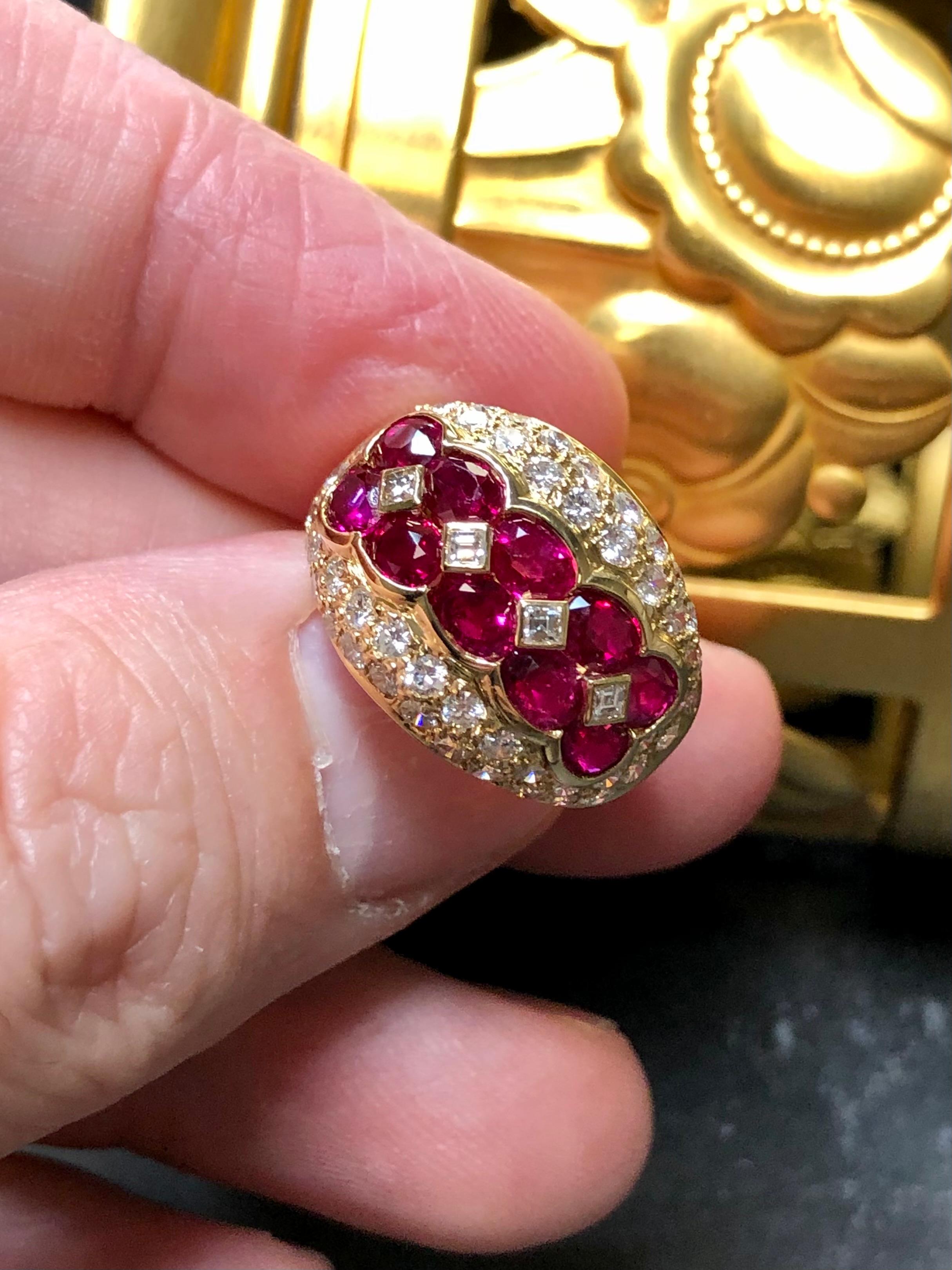 Estate 18K Yellow Gold Oval Ruby Pave Diamond Cocktail Ring 4.57cttw Sz 5.5 In Good Condition For Sale In Winter Springs, FL