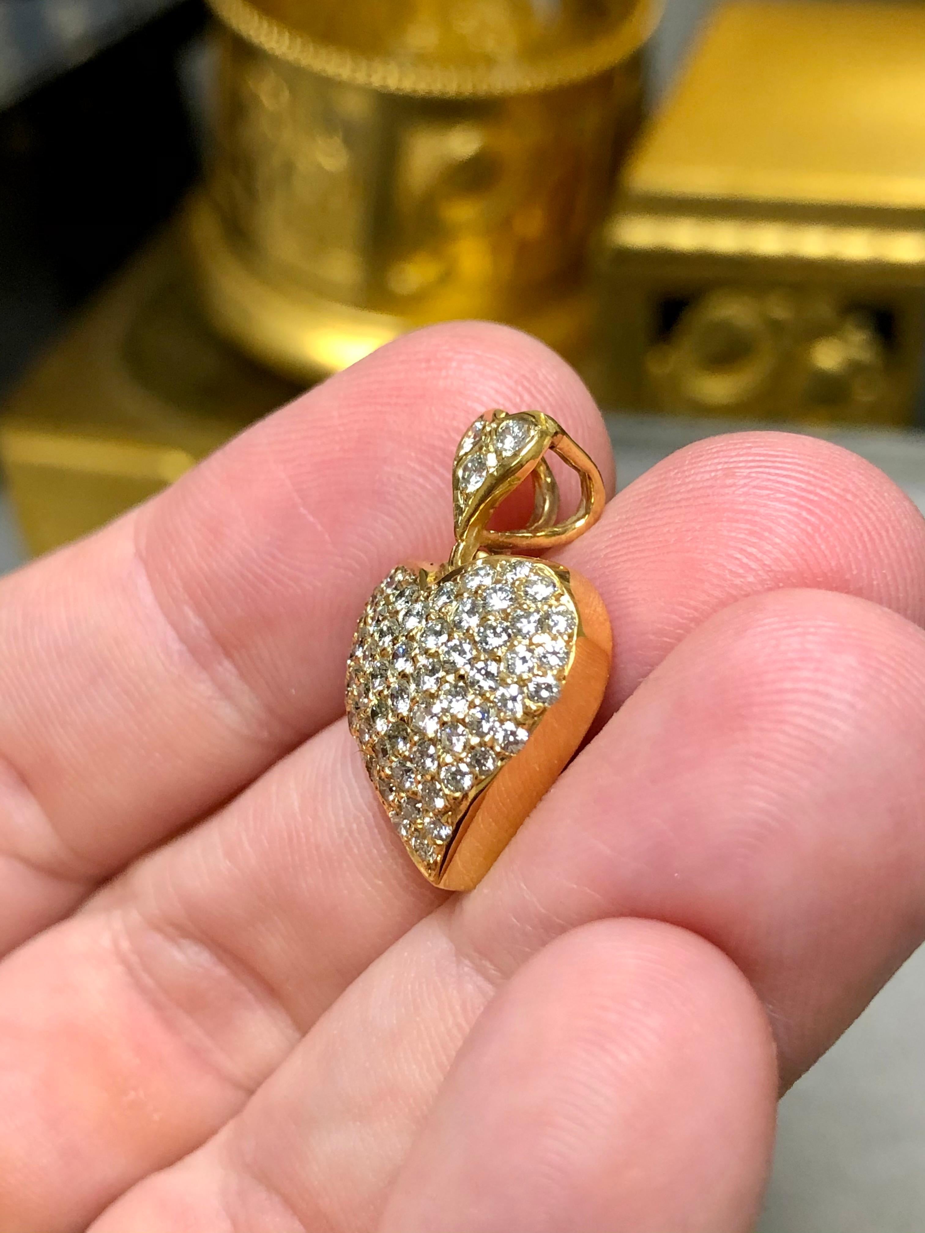 Contemporary Estate 18K Yellow Gold Pave Diamond Heart Pendant G Vs 2cttw For Sale
