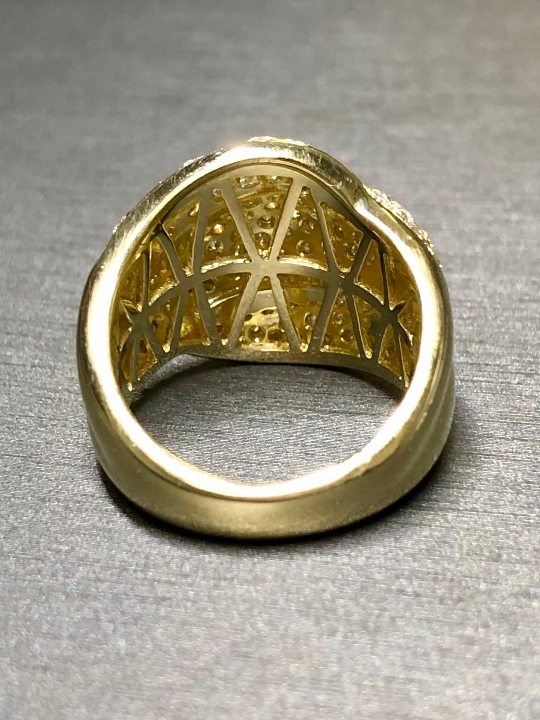 Women's or Men's Estate 18K Yellow Gold Pave Diamond Wide Scalloped Bypass Ring 2.70cttw Sz 6.5 For Sale