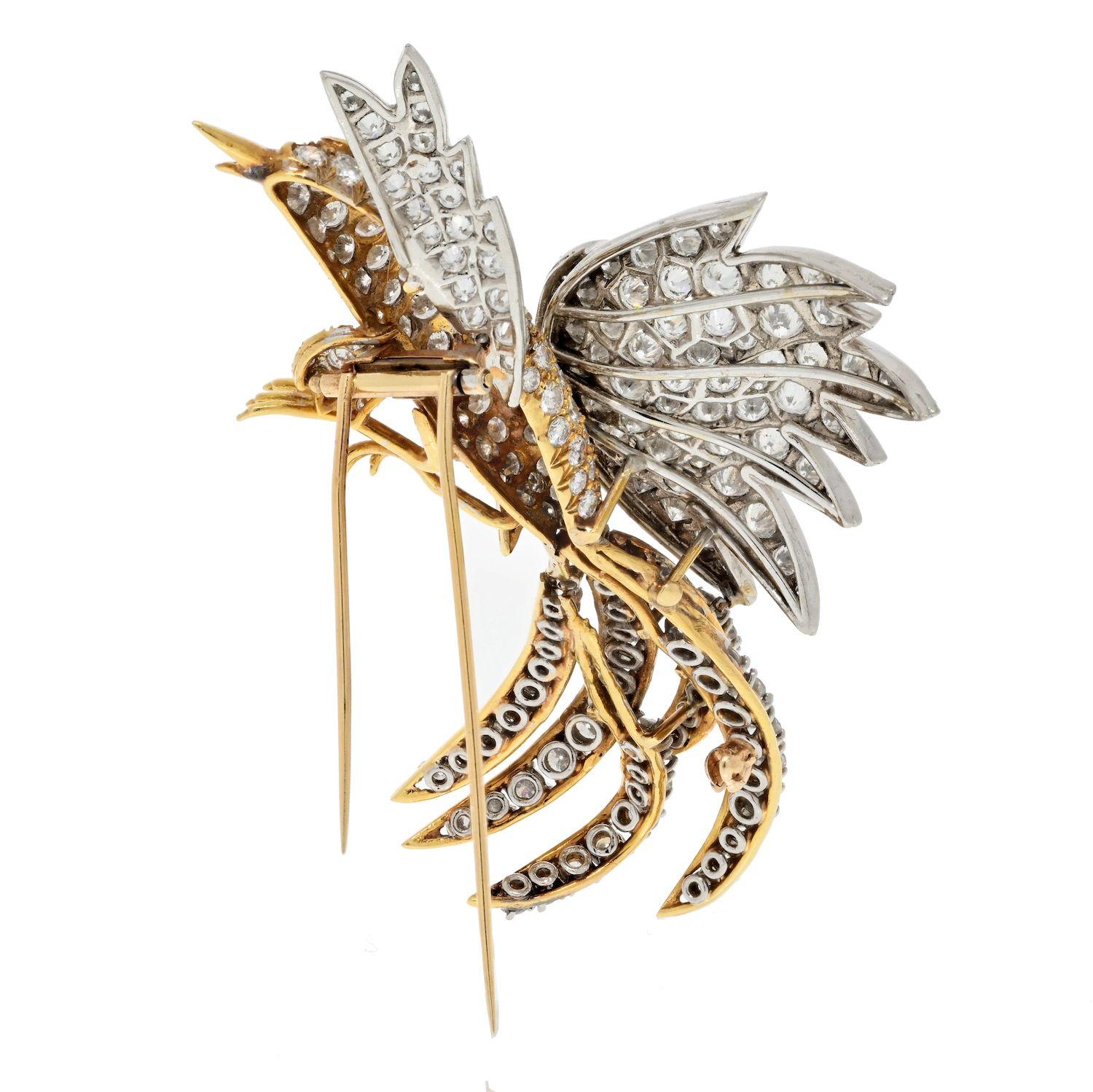 Modern Estate 18K Yellow Gold & Platinum 20.00cttw Round Diamond Bird Brooch For Sale