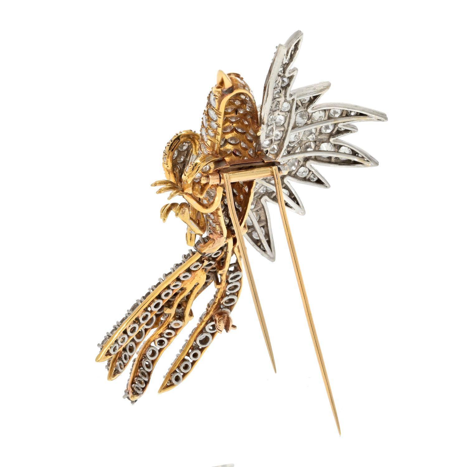 Estate 18K Yellow Gold & Platinum 20.00cttw Round Diamond Bird Brooch In Excellent Condition For Sale In New York, NY