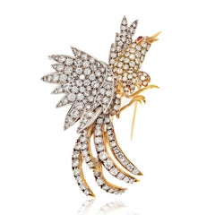 Estate 18K Yellow Gold & Platinum 20.00cttw Round Diamond Bird Brooch