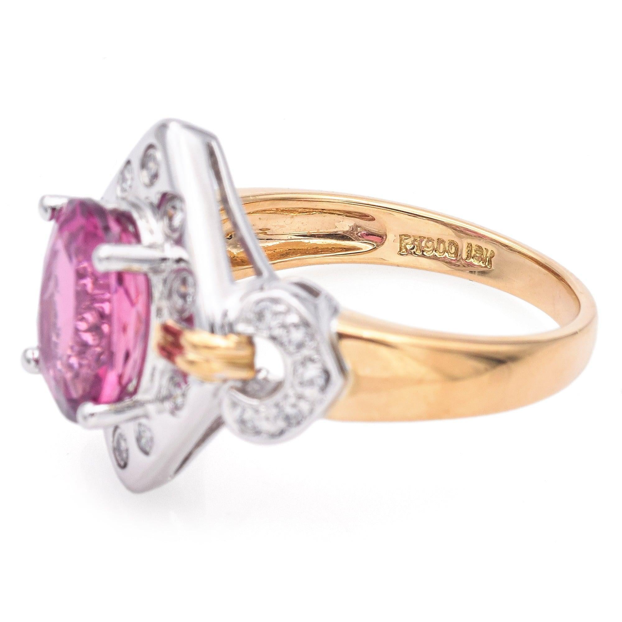 Bague de succession en or jaune 18 carats et platine avec tourmaline rose 3,6 carats et diamants taille 9 Pour femmes en vente