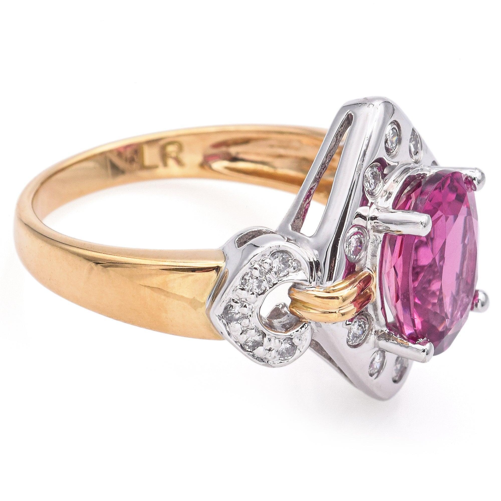 Bague de succession en or jaune 18 carats et platine avec tourmaline rose 3,6 carats et diamants taille 9 en vente 1