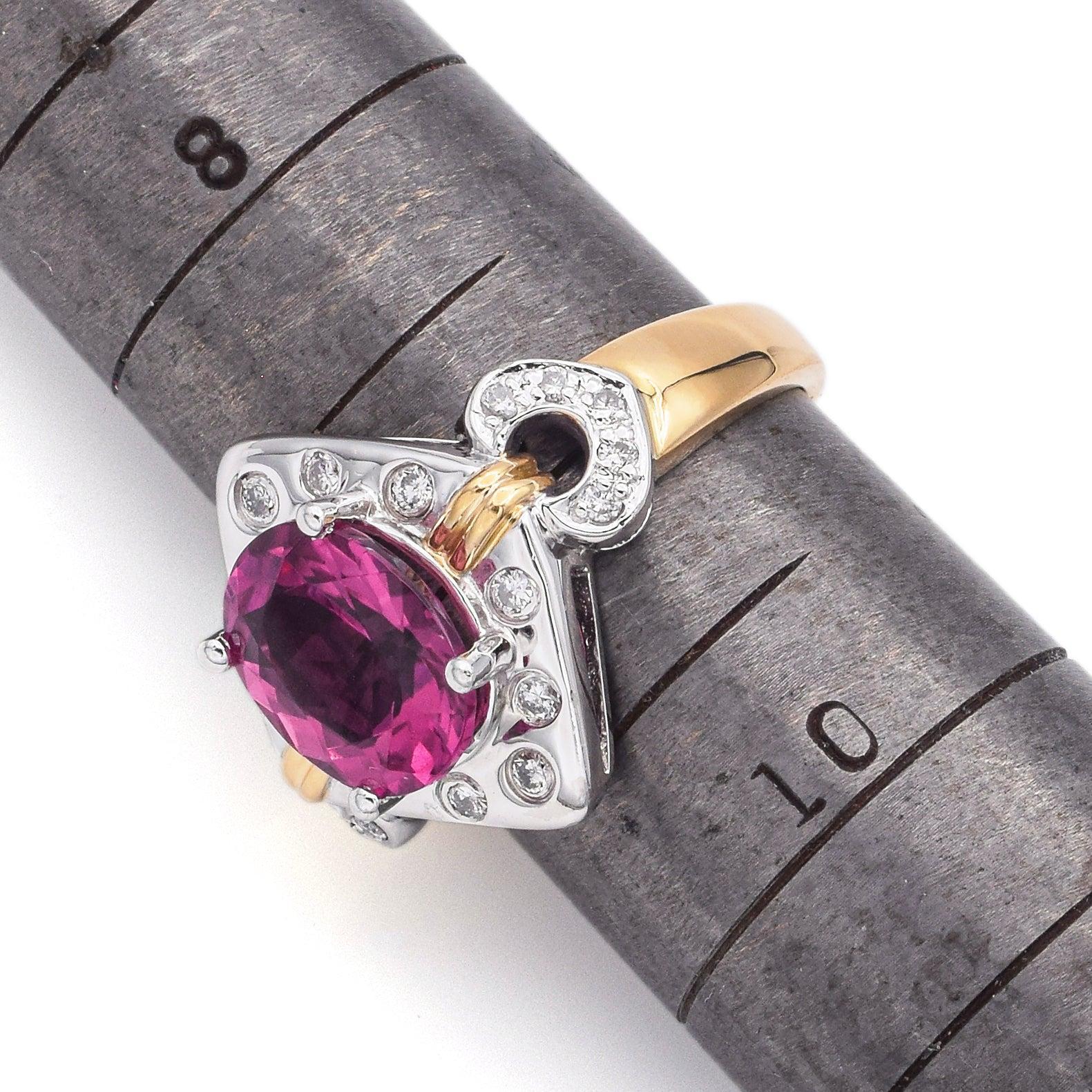 Bague de succession en or jaune 18 carats et platine avec tourmaline rose 3,6 carats et diamants taille 9 en vente 2