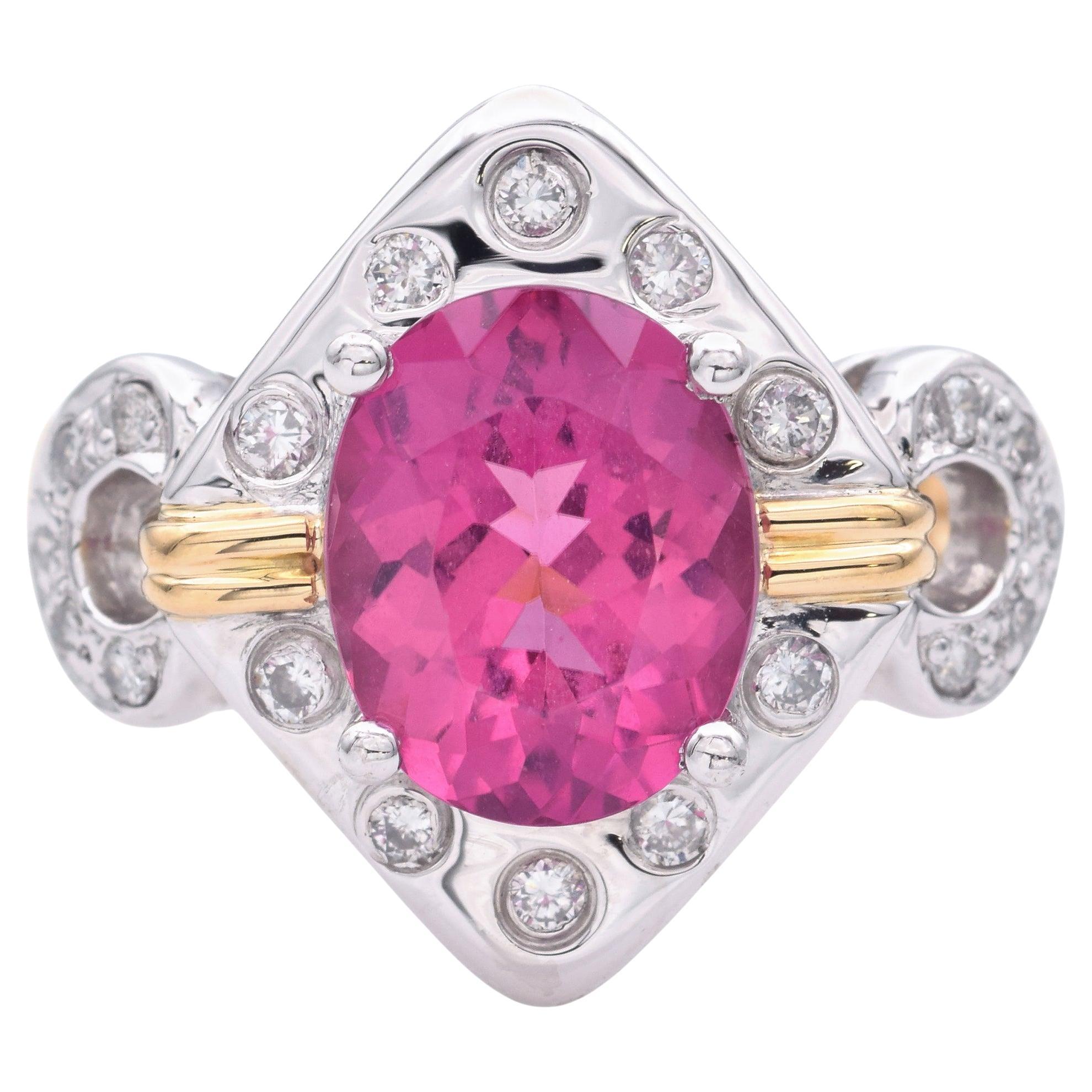 Estate 18K Yellow Gold & Platinum 3.6ct Pink Tourmaline Diamond Ring Size 9