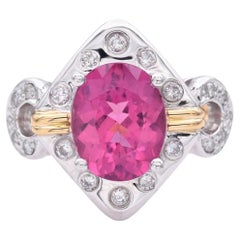 Anello Estate in oro giallo 18 carati e platino con tormalina rosa e diamanti da 3,6 carati, misura 9