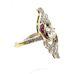 Estate 18 K Yellow Gold & Platinum Art Deco Style Ruby and Old European Cut Ring