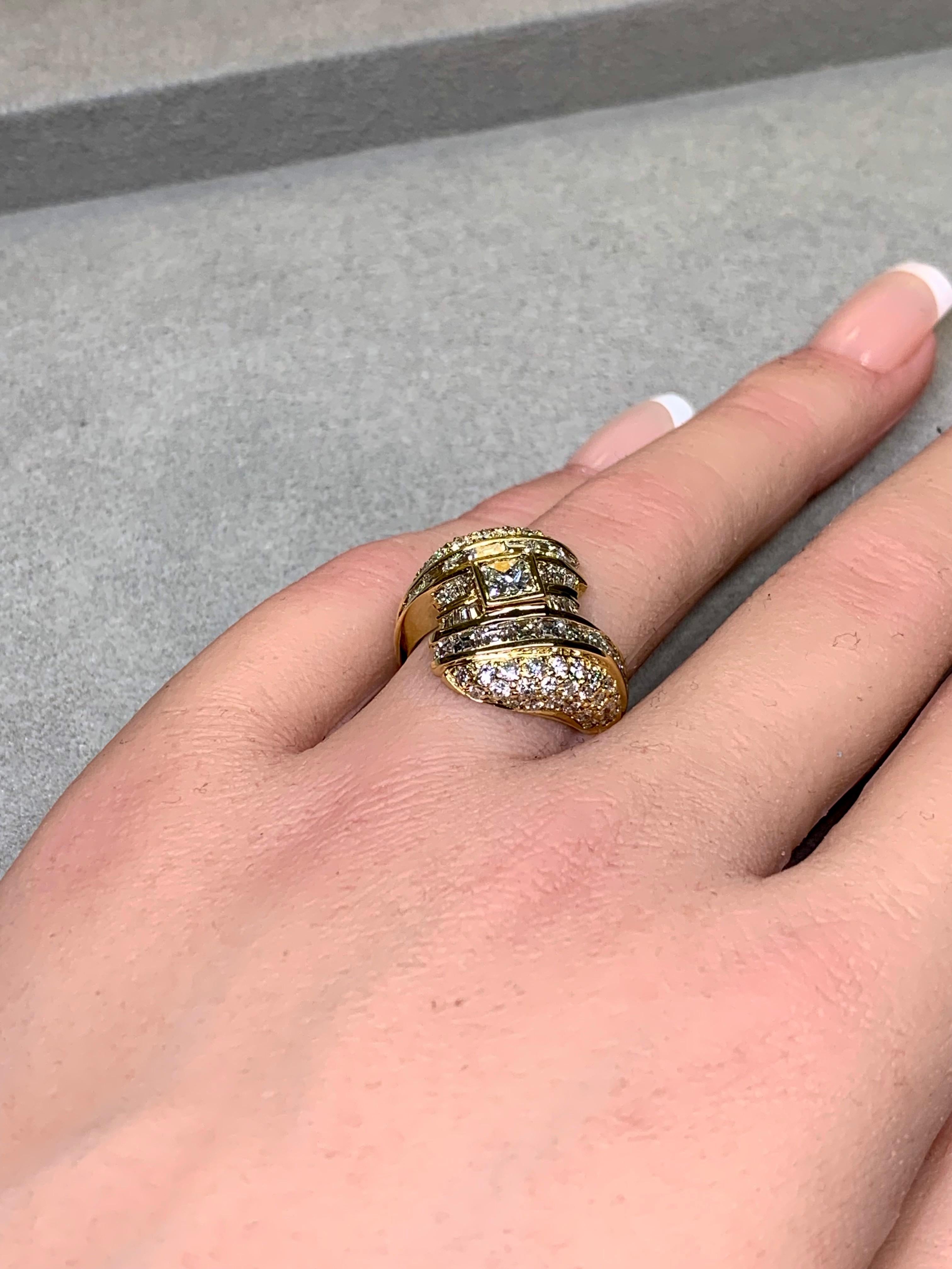 Estate 18K Yellow Gold Princess Baguette  Round Diamond Bypass Cocktail Ring For Sale 3