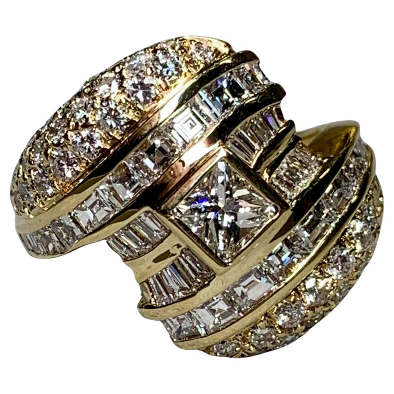 Estate 18K Yellow Gold Princess Baguette  Round Diamond Bypass Cocktail Ring For Sale