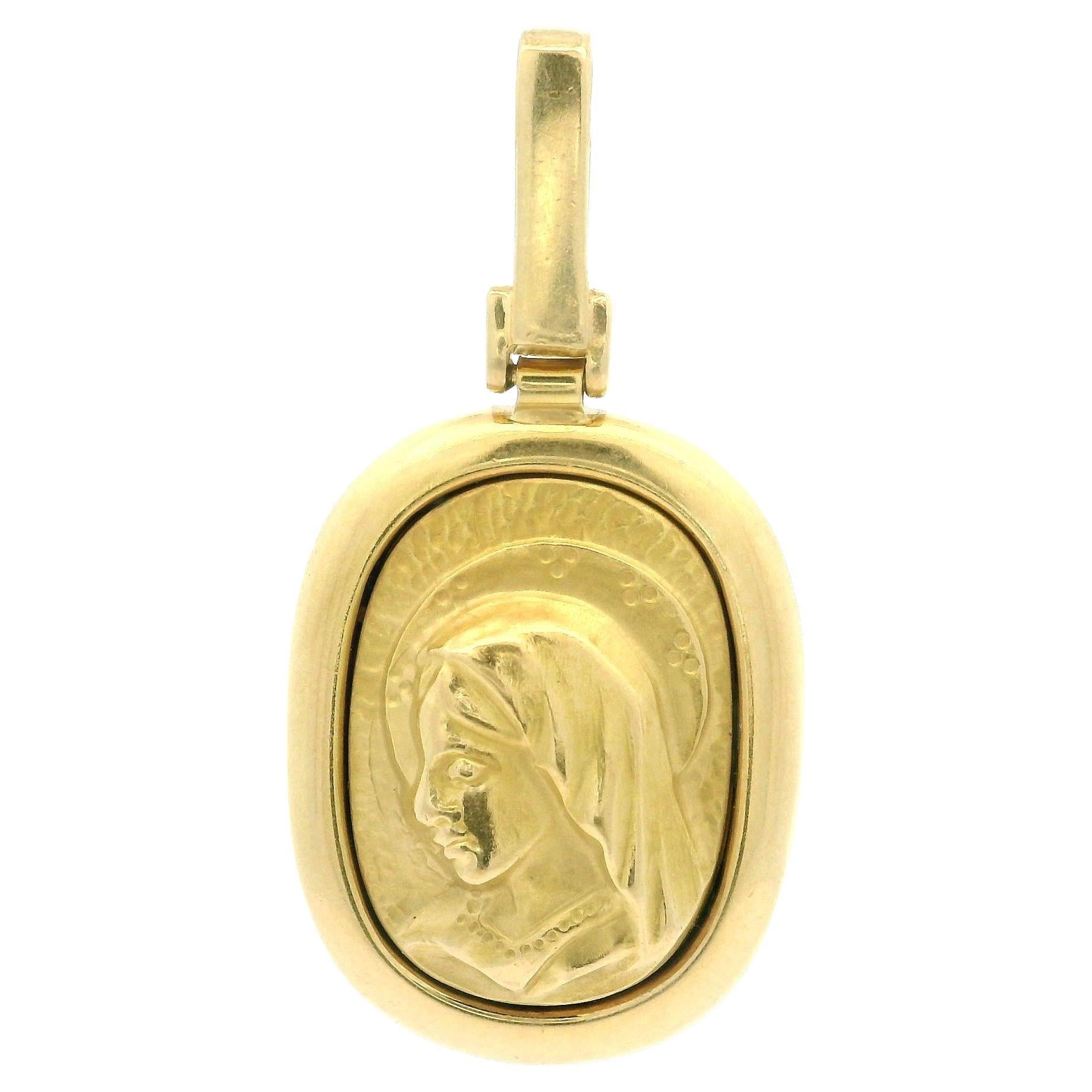 Estate 18k Yellow Gold Puffed Mother Mary Rectangular Medallion Pendant For Sale