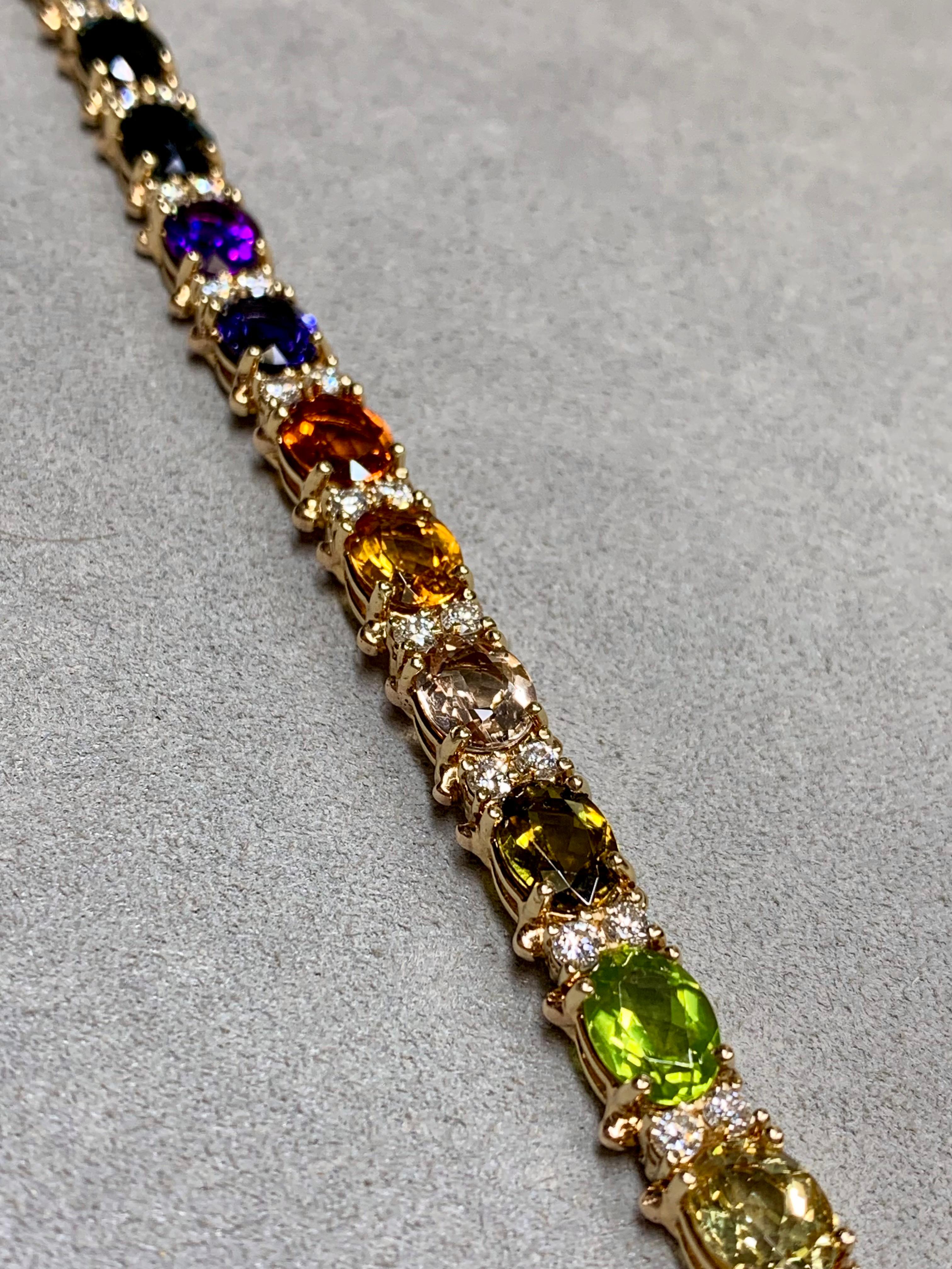 Oval Cut Estate 18K Yellow Gold Rainbow Multi Gemstone Diamond Line Bracelet 30ctw 6.50” For Sale