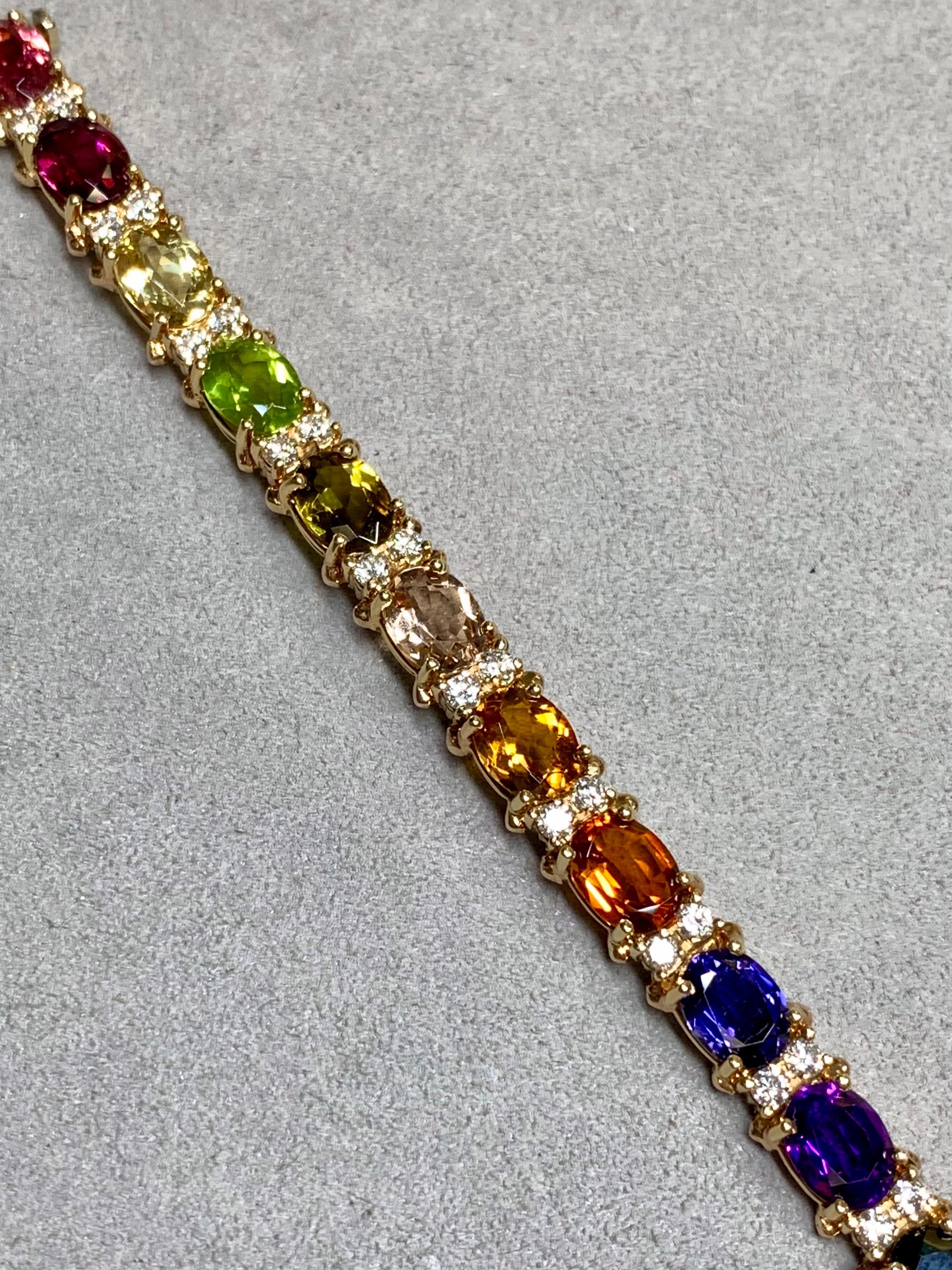 Women's or Men's Estate 18K Yellow Gold Rainbow Multi Gemstone Diamond Line Bracelet 30ctw 6.50” For Sale
