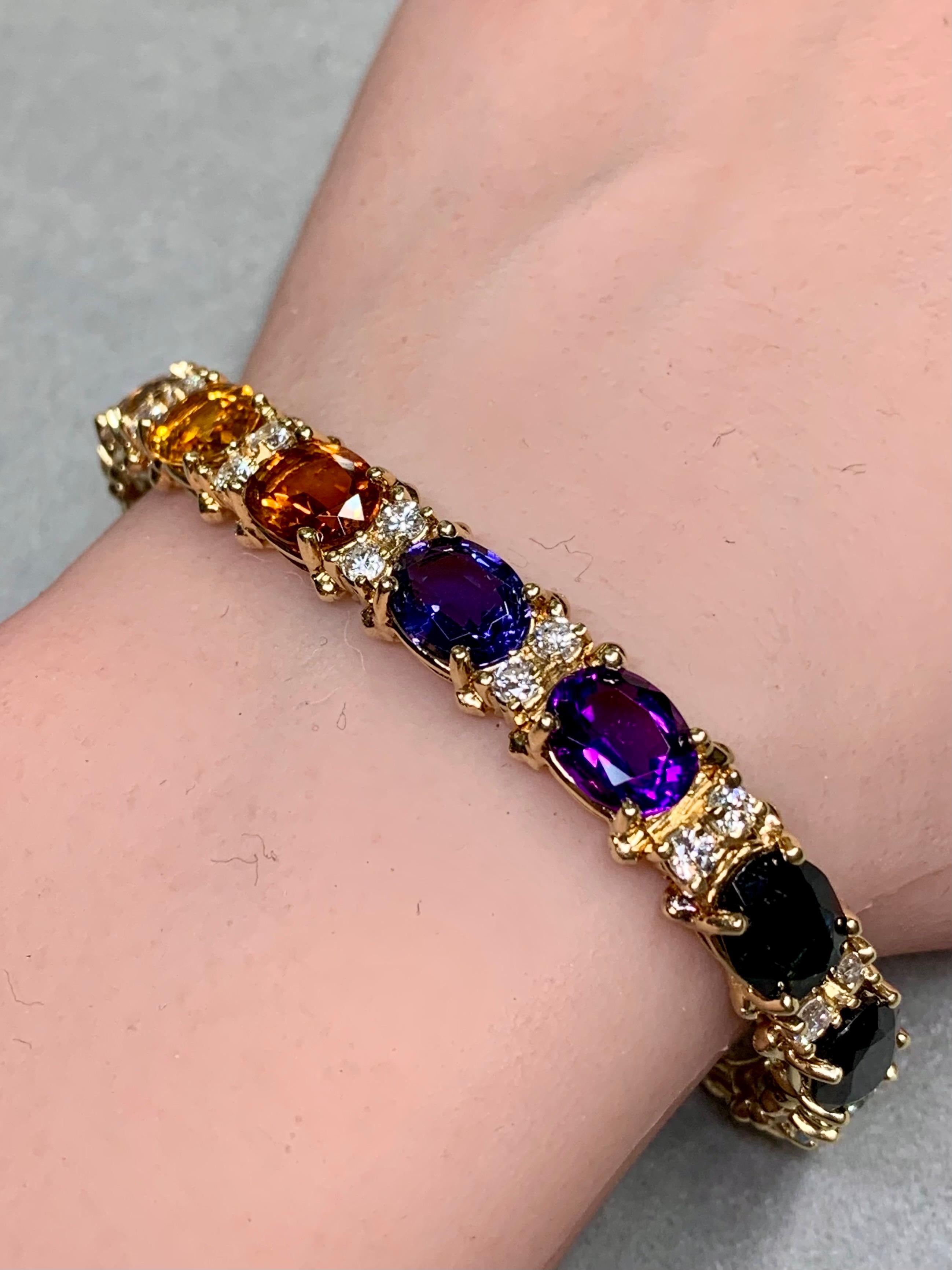 Estate 18K Yellow Gold Rainbow Multi Gemstone Diamond Line Bracelet 30ctw 6.50” For Sale 2