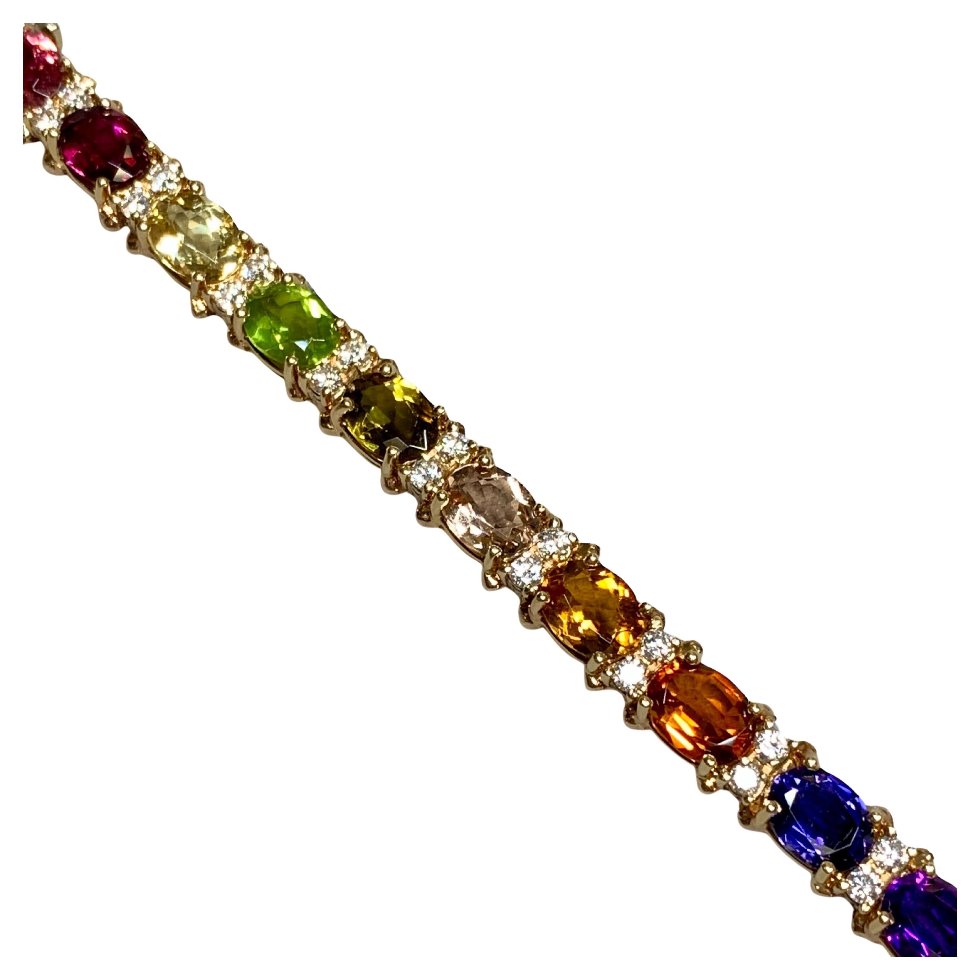 Estate 18K Yellow Gold Rainbow Multi Gemstone Diamond Line Bracelet 30ctw 6.50” For Sale
