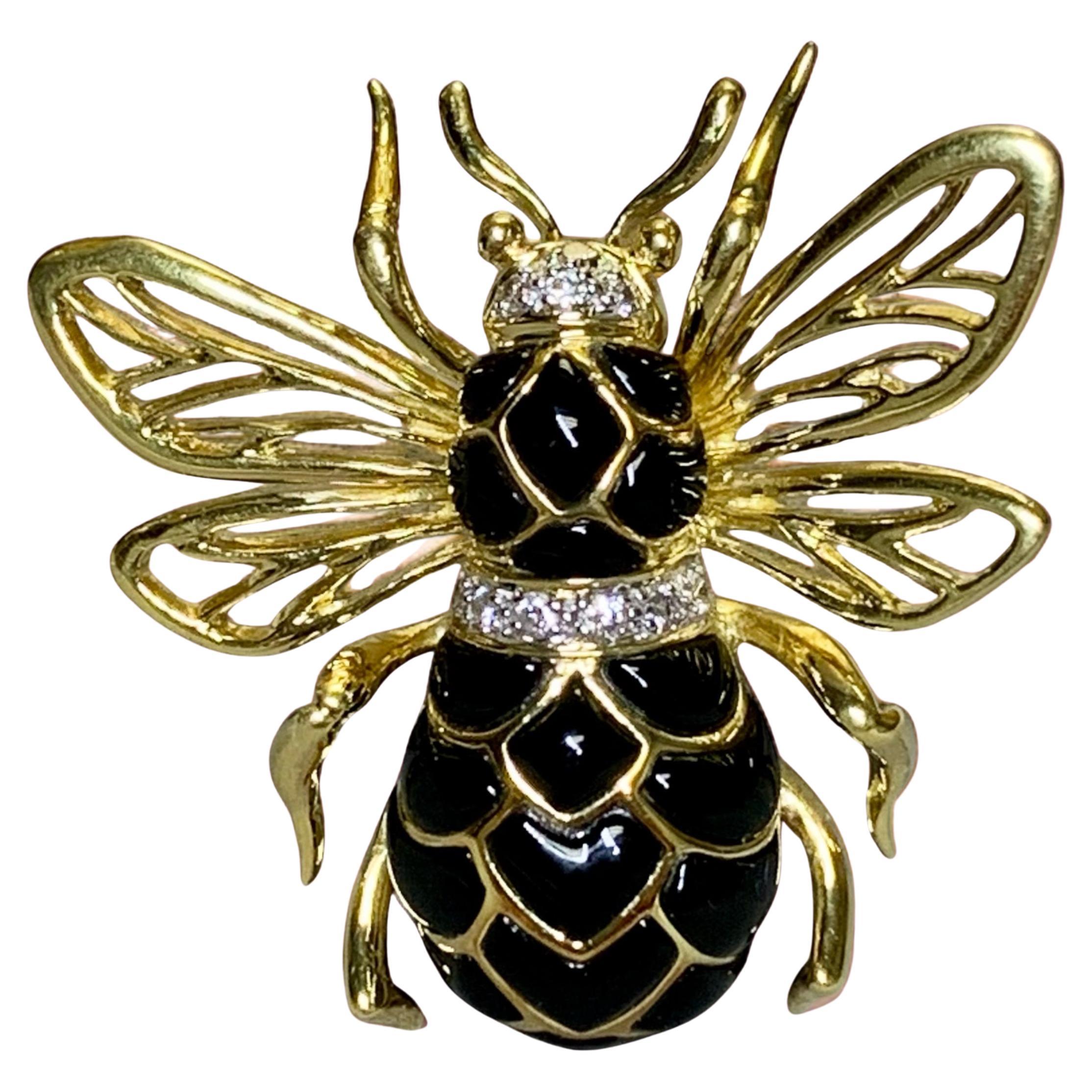 Estate 18K Yellow Gold ROBERT WANDER WINC Diamond & Buffed Onyx Bee Bug Pin