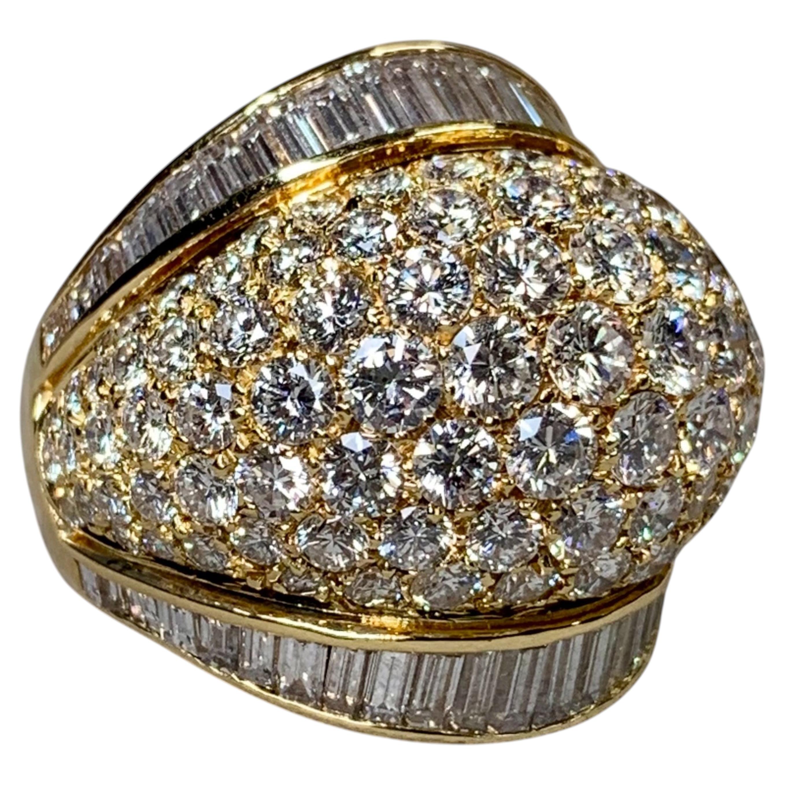 Estate 18K Yellow Gold Round & Baguette Diamond Large Dome Bombé Cocktail Ring