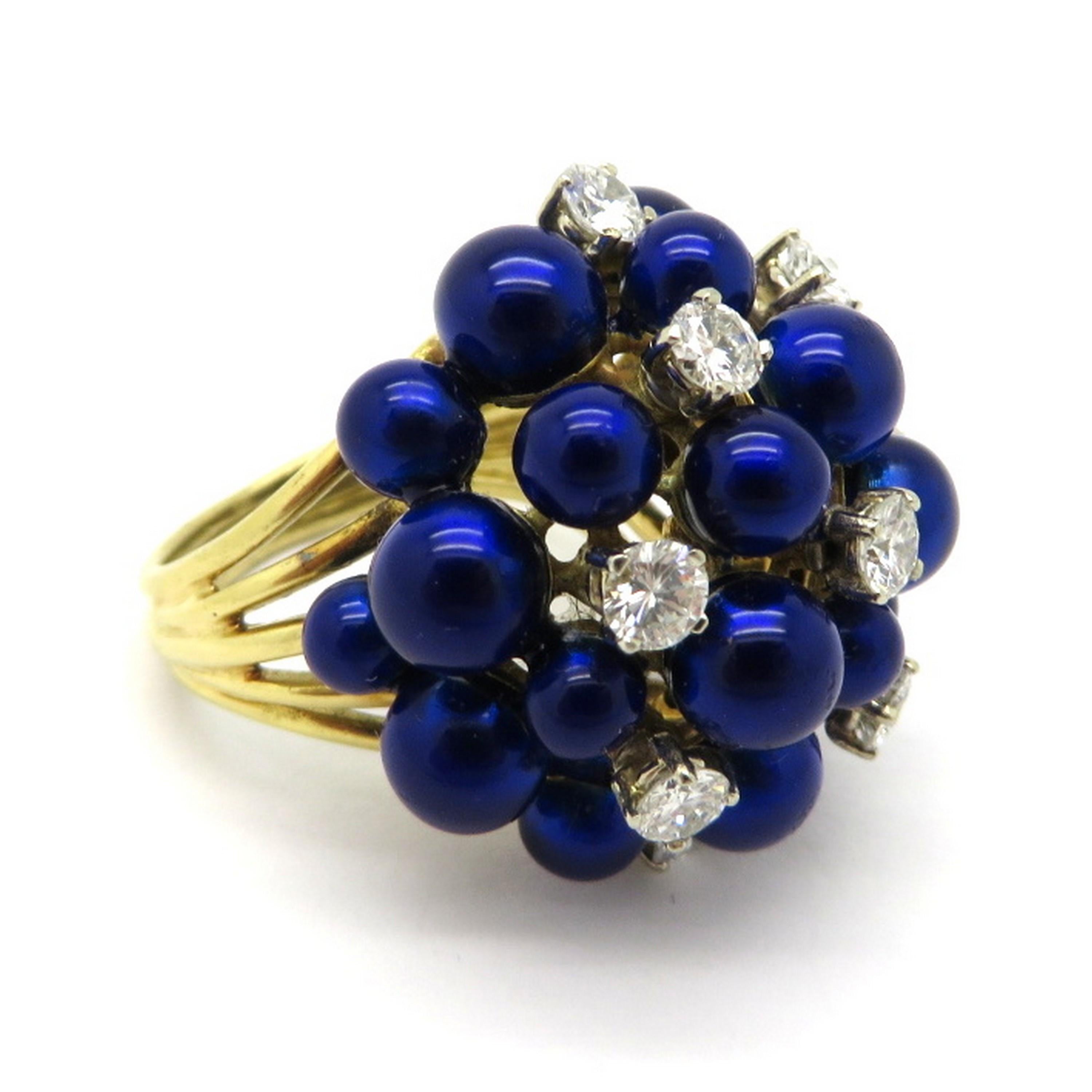 Estate 18 Karat Gold Round Diamond and Blue Enameled Fashion Cocktail Ring In Excellent Condition For Sale In Scottsdale, AZ