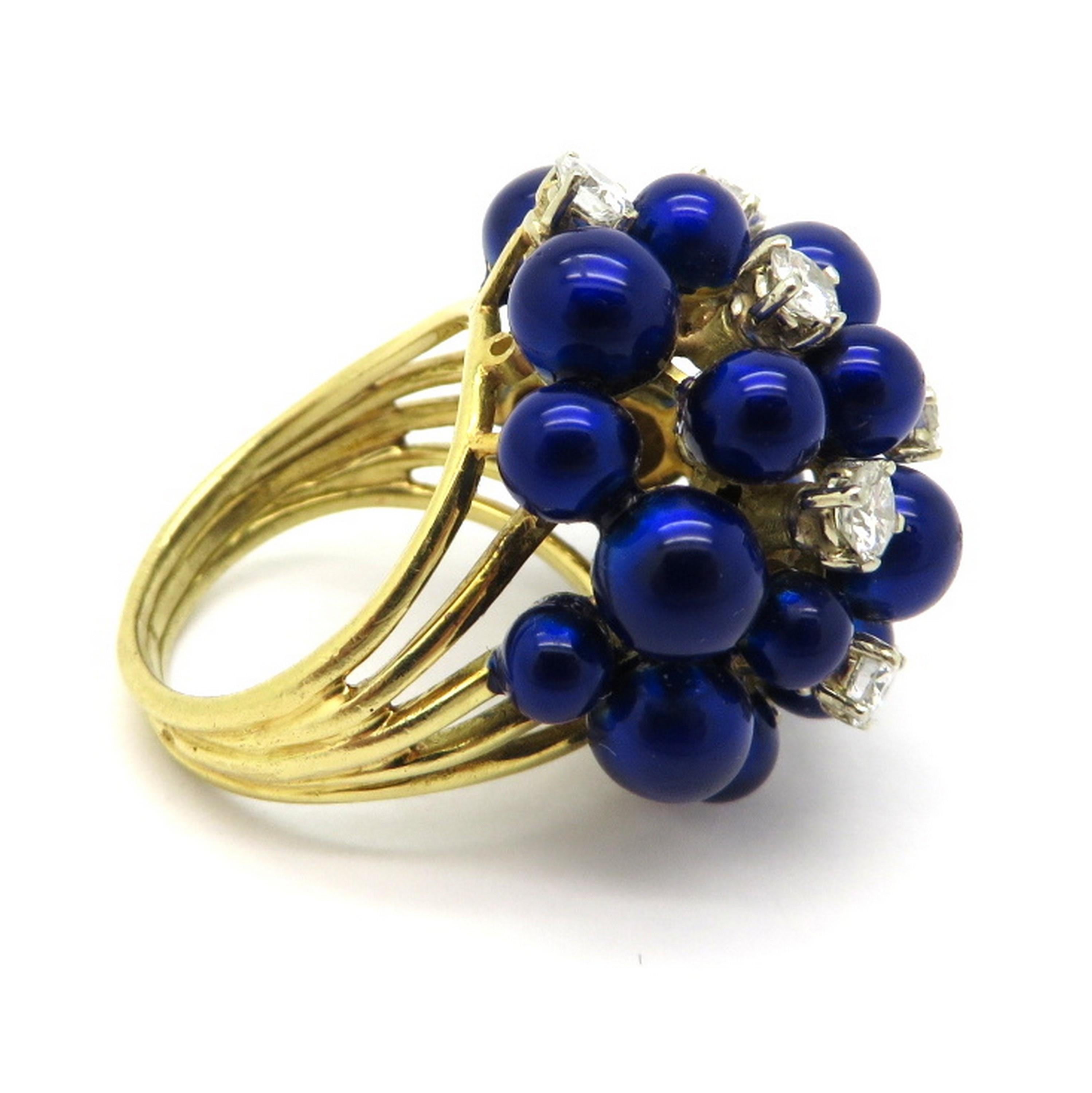 Women's Estate 18 Karat Gold Round Diamond and Blue Enameled Fashion Cocktail Ring For Sale