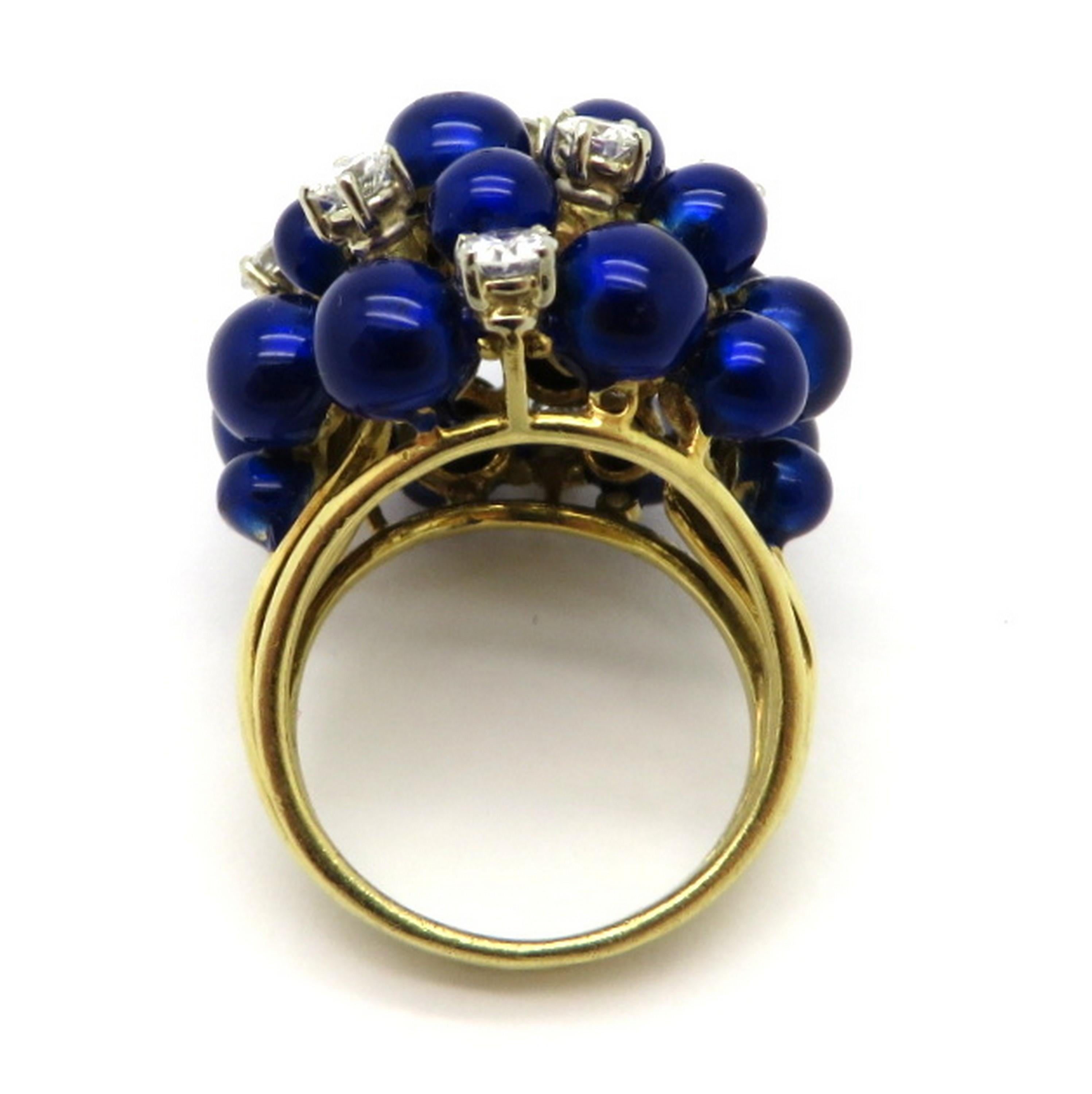 Estate 18 Karat Gold Round Diamond and Blue Enameled Fashion Cocktail Ring For Sale 1
