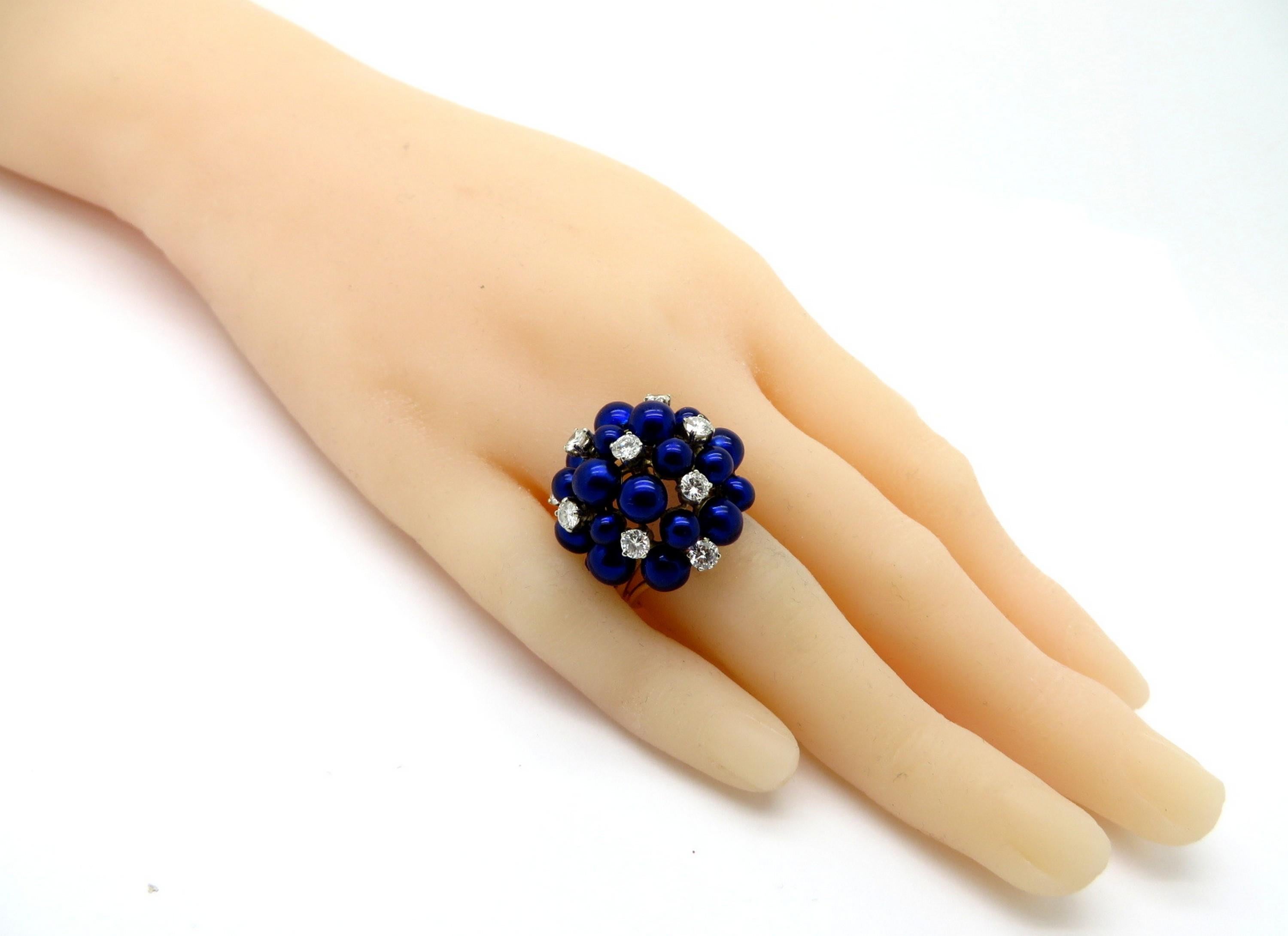 Estate 18 Karat Gold Round Diamond and Blue Enameled Fashion Cocktail Ring For Sale 2