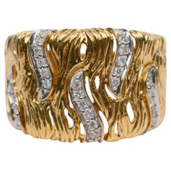 Estate 18k Gelbgold Runde Diamant strukturierte Welle Cocktail Ring
