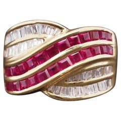 Estate 18K Yellow Gold Ruby and Diamond Crossover Band Ring - VHK#326A