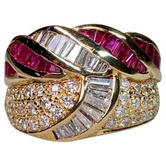 Estate 18K Yellow Gold Ruby Diamond Baguette Wide Cigar Band Cocktail Ring
