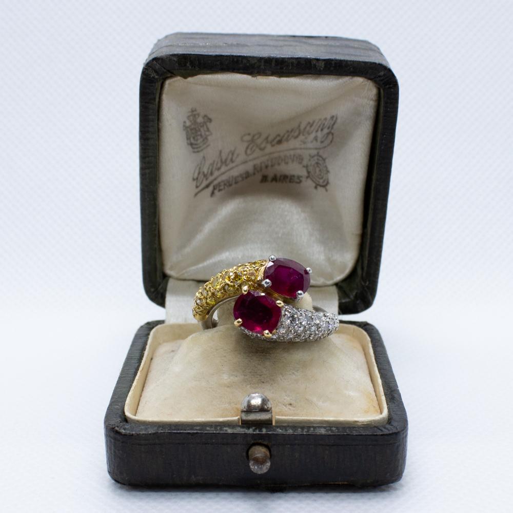 Oval Cut AGL Certified 18K White Gold Ruby, White and Yellow Pave Diamond Bypass Ring For Sale