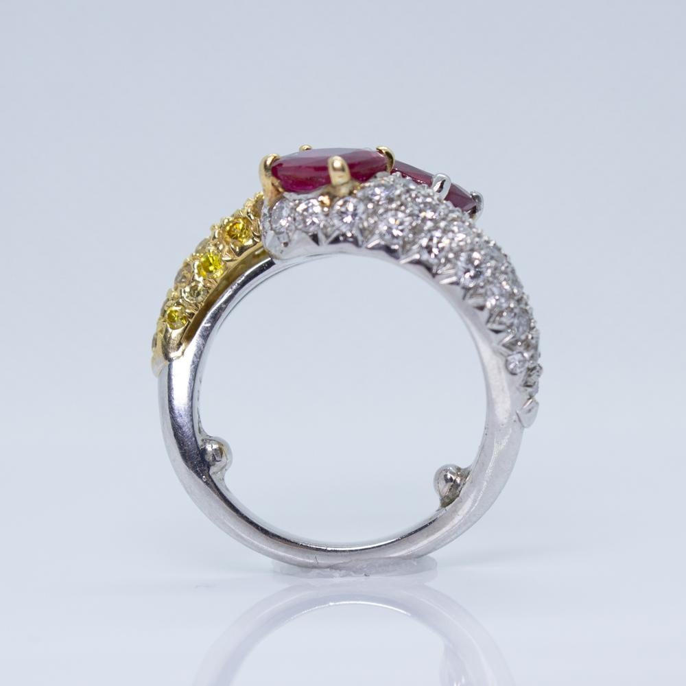 AGL Certified 18K White Gold Ruby, White and Yellow Pave Diamond Bypass Ring In Excellent Condition For Sale In Scottsdale, AZ