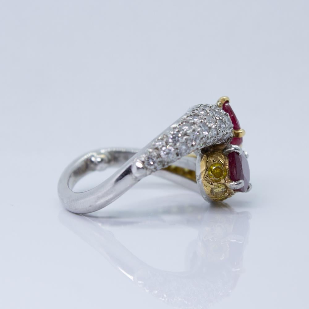 AGL Certified 18K White Gold Ruby, White and Yellow Pave Diamond Bypass Ring For Sale 2