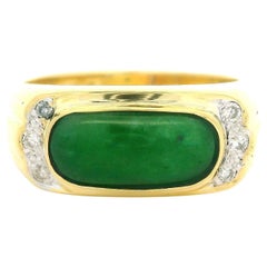Estate 18k Yellow Gold Saddle Cut Jade w/ Diamond Accents Band Ring Size 7.5