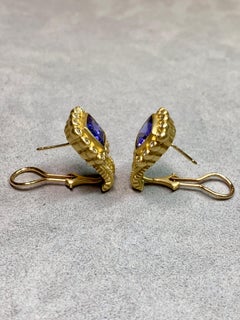 Estate 18K Yellow Gold Satin Finished Cushion Tanzanite Diamond Huggie Earrings