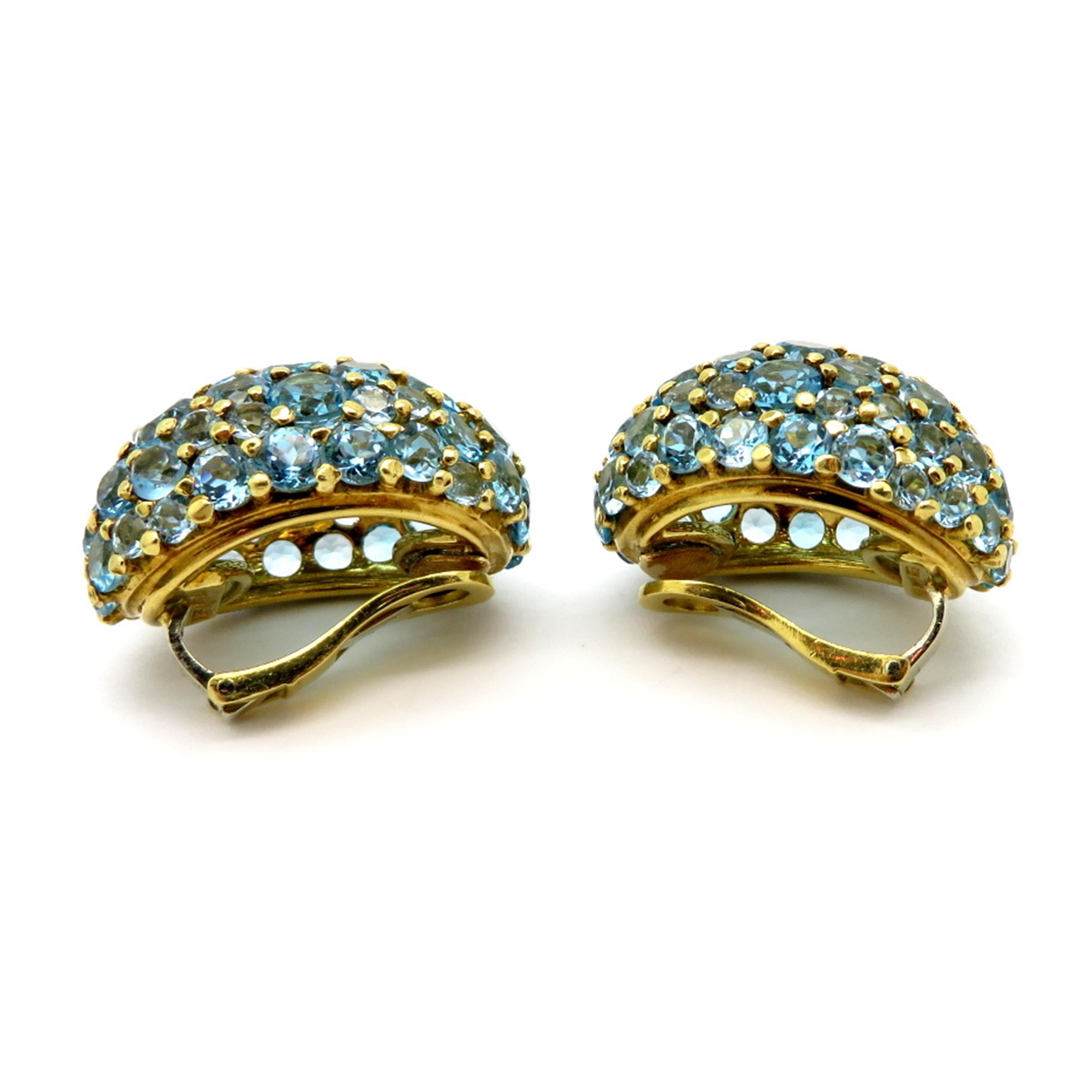 Estate 18 Karat Yellow Gold Sky Blue Topaz Oval Cluster 18 Karat Gold Earrings In Excellent Condition In Scottsdale, AZ