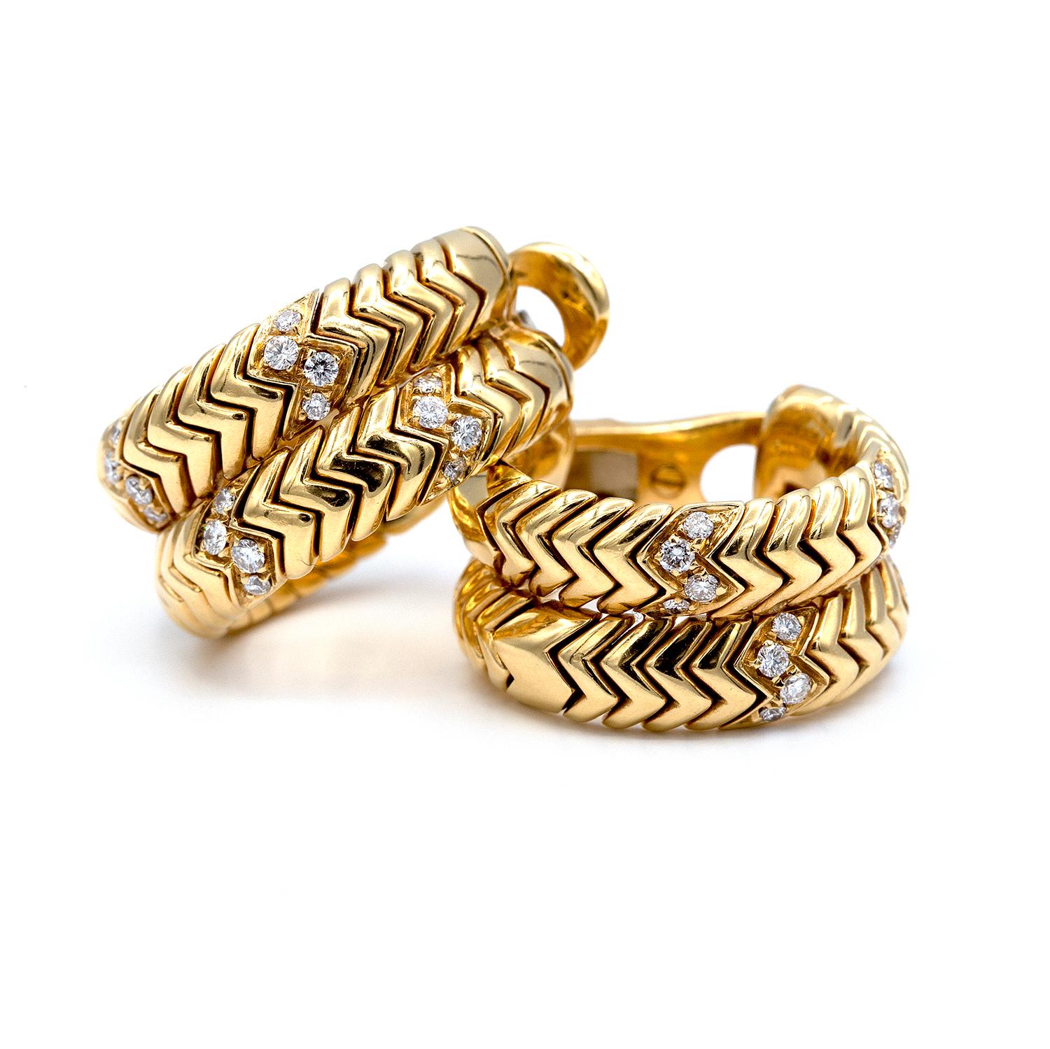 Women's or Men's Bulgari 18 Karat Yellow Gold Spiga Diamond Hoop Earrings For Sale